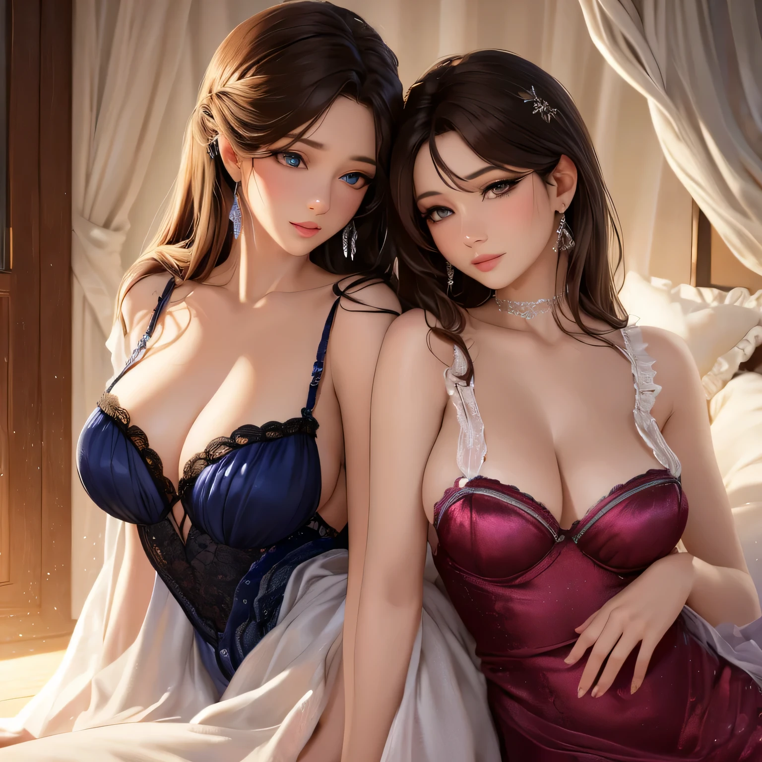 (best quality,4k,8k,highres,masterpiece:1.2),ultra-detailed,(realistic,photorealistic,photo-realistic:1.37),2girls,beautiful detailed eyes,beautiful detailed lips,extremely detailed eyes and face,longeyelashes,sexy dress,nightgown,smooth and flowing fabric,alluring pose,sultry expression,soft lighting,vibrant colors,portraits,studio lighting,gr3ysh33r