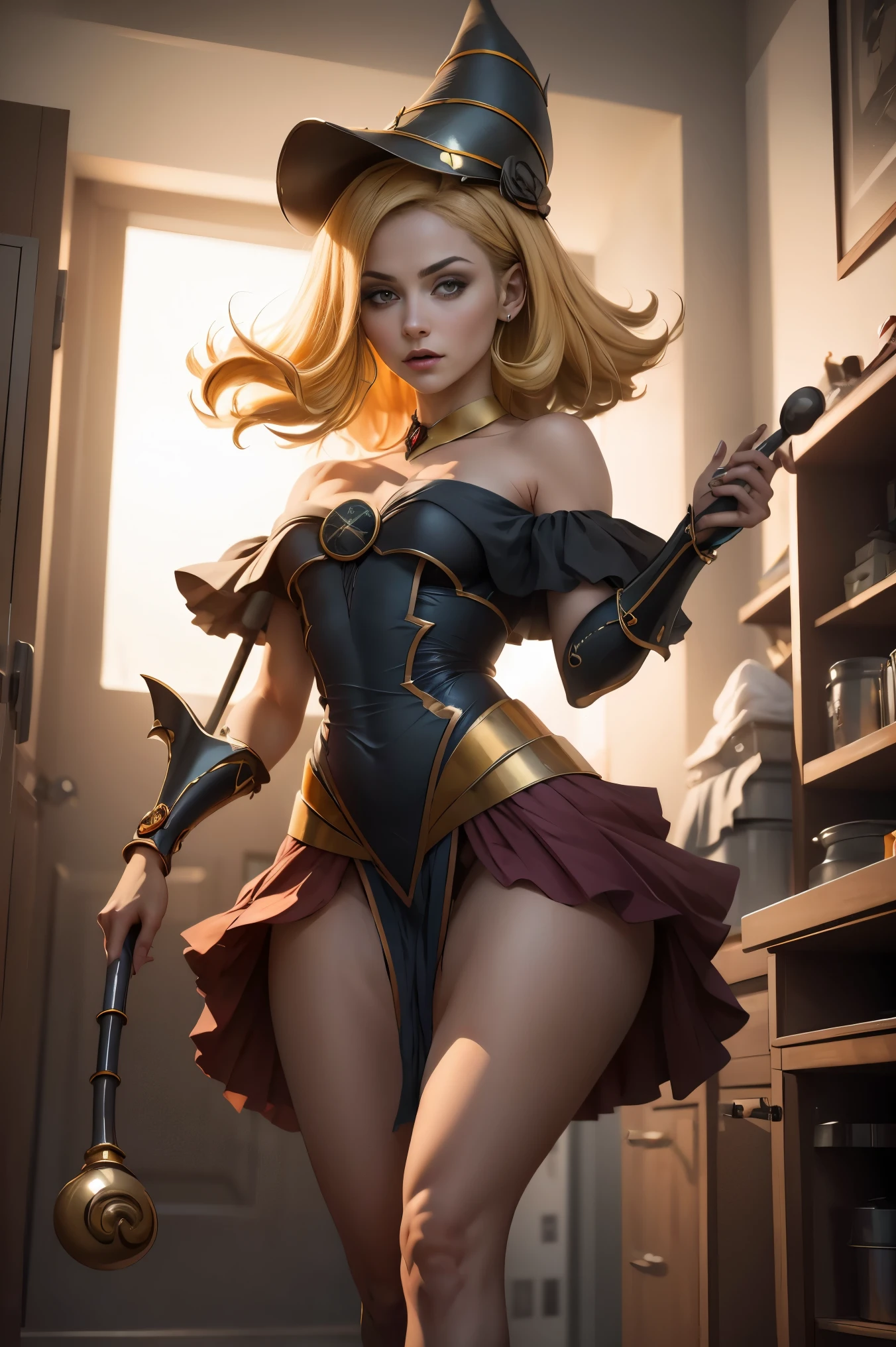 (8K,fotorrealista raw photography the highest quality;1.4) (1chica en) Super belleza (cara realista) cuerpo femenino (Rubia de rizos largos) Hold a black and red magic wand Escena de combate Magic hat with black and gold exterior Beautiful expression Deslumbramiento (Piel de aspecto real) (Giles magos oscuros) tentador super high resolution Un hiperrealista Alto detalle foto de cuerpo completo restos