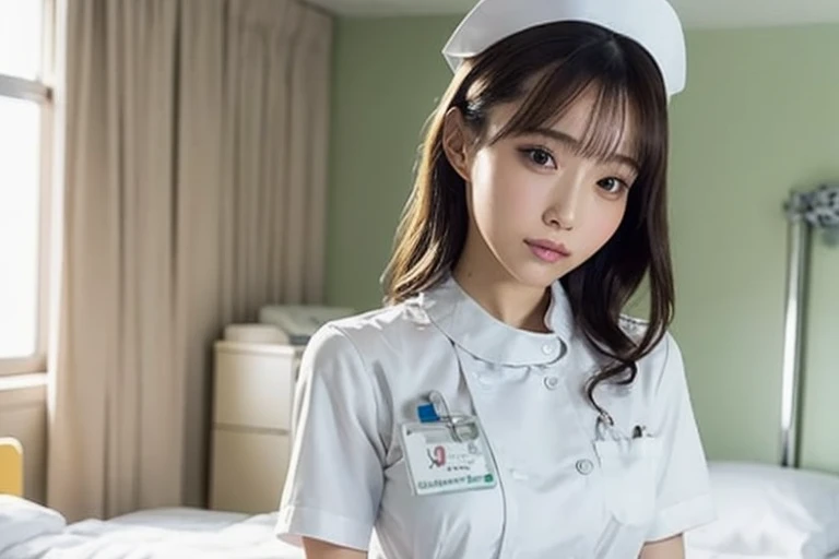 1 girl,(Wearing white nurse clothes:1.2),(Raw photo, highest quality), (realistic, photo-realistic:1.4), masterpiece, very delicate and beautiful, very detailed, 2k wallpaper, wonderful, finely, very detailed CG unity 8k wallpaper, Super detailed, High resolution, soft light, beautiful detailed girl, very detailed eyes and face, beautifully detailed nose, finely beautiful eyes, nurse, perfect anatomy, black hair, up style, nurse uniform, ((nurse cap)), long skirt, nurse, white costume, thin, hospital, clear, White uniform, hospital room, Neck auscultation,