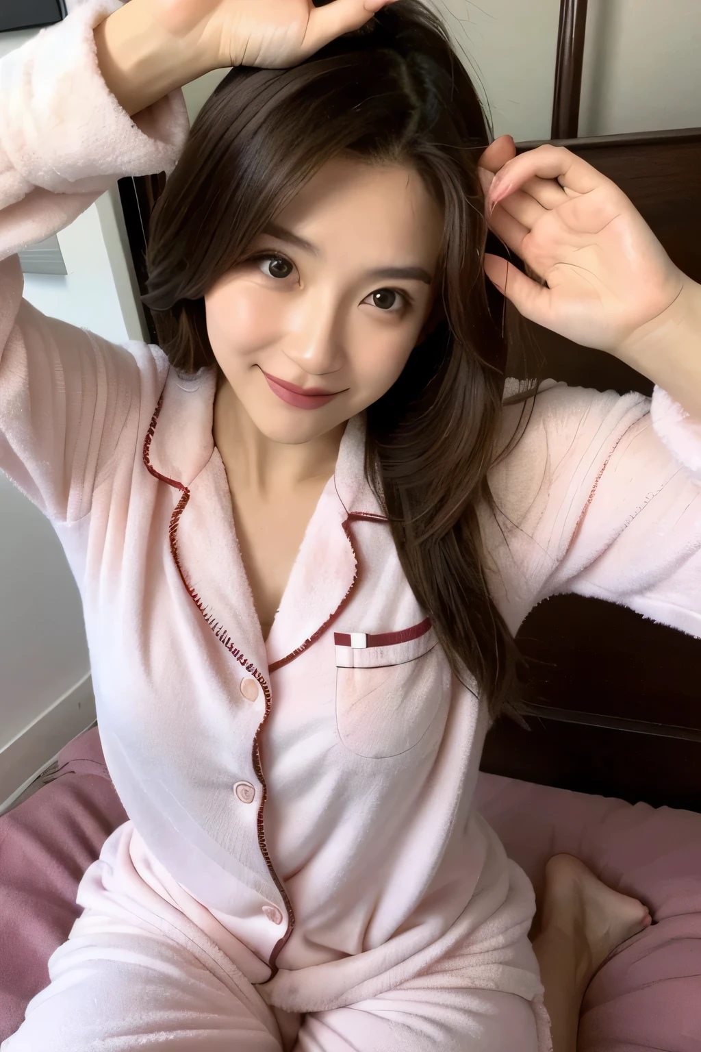 Solo,Sexy exciting smile,, (Shiny skin:1.05),(blush:0.9),(Skindentation:1.15),Realistic, masutepiece, Highest Quality, hight resolution,absurderes, (Perfect face:1.1),top-quality,(((pajama selfie))),