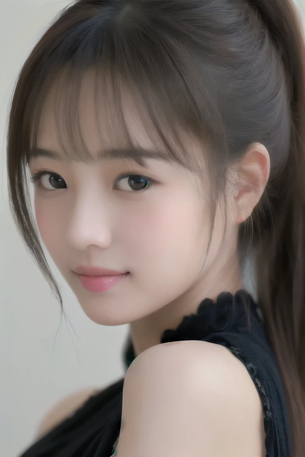 ((cute japanese girl、beautiful japanese girl、1 girl、19 years old、ponytail、highly detailed face and skin texture、refinement、highly detailed face、highly detailed eyes、blusher、blush、cheek、cheeks painted with pink cheek、close-up of woman、breast enhancement、face facing the true frontage、Body facing true frontage、look at the camera、frontage、cute、smooth white skin、Transparent skin texture、))、(dark brown hair、bangs)、beautiful woman with perfect style:1.4、japanese model、young gravure idol、young cute gravure idol、Realistic Young Gravure Idol、refined gravure idol、((highest quality、In 8K、masterpiece:1.3、1photograph))、(4k、RAW photographgraphy、highest quality)、(realistic、Photo realistic:1.37)、Place a person on the other side of the screen、natural soft light、upper body and head、refinement、
