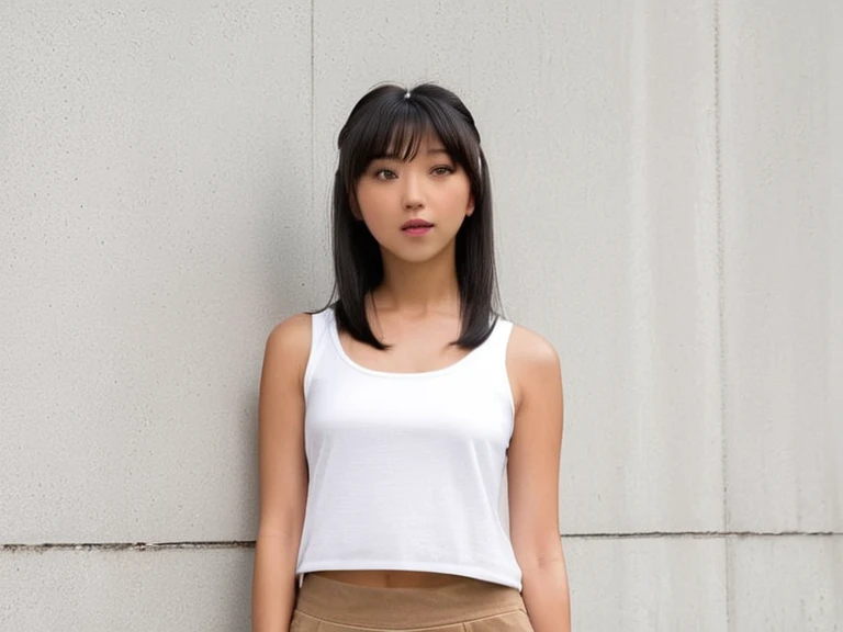 (high resolution, ultra-detailed, photorealistic), selfie of 1girl, sjang, long straight black hair with bangs, plain white tanktop, brown shorts, background: gray concrete wall, realistic face, accurate, beautiful