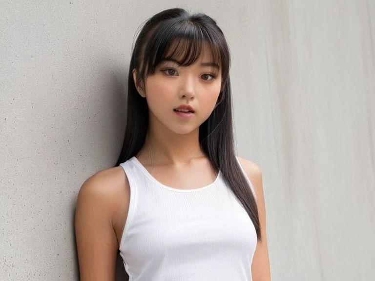 (high resolution, ultra-detailed, photorealistic), selfie of 1girl, sjang, long straight black hair with bangs, plain white tanktop, brown shorts, background: gray concrete wall, realistic face, accurate, beautiful