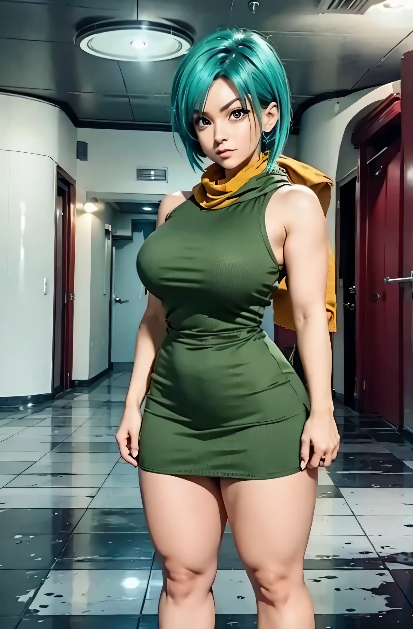  (( vestido rojo)), Mejor calidad, full body visto desde abajo ((cabello verde corto)). (( anime bulma dragon ball z)) (( vestido rojo)) mujer 30 years old, ((cabello azul corto)), (( con curvas)),(( una bufanda amarilla)) (( vestido muy corto)) (( piernas fuertes)), (( cintura muy angosta))