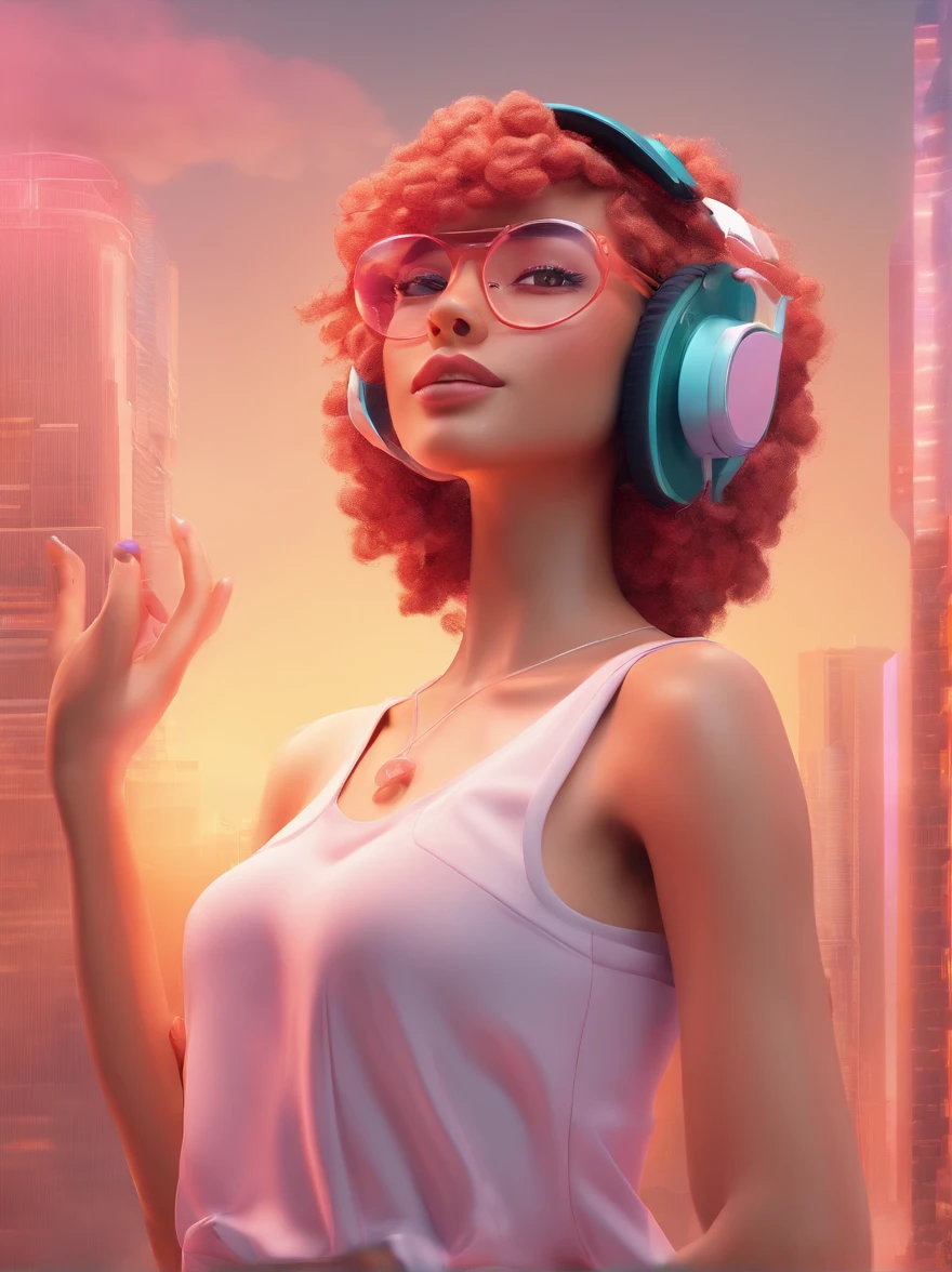 Create an image of a stylized 3D-rendered young woman with less voluminous, shoulder-length curly hair, similar to the female character from the first image provided by the user. She wears a white sleeveless top, circular glasses, and a pink hat. The woman is dancing joyfully with oversized headphones. Her dynamic pose indicates movement and happiness. The background is an epic, futuristic cityscape with towering skyscrapers, aglow with the warm light of a setting sun, evoking an animated and vibrant atmosphere.