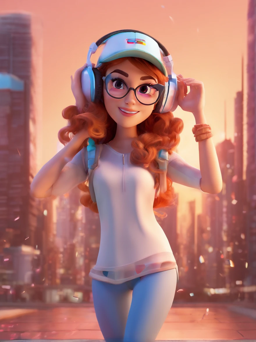 Create an image of a stylized 3D-rendered young woman with less voluminous, shoulder-length curly hair, similar to the female character from the first image provided by the user. She wears a white sleeveless top, circular glasses, and a pink hat. The woman is dancing joyfully with oversized headphones. Her dynamic pose indicates movement and happiness. The background is an epic, futuristic cityscape with towering skyscrapers, aglow with the warm light of a setting sun, evoking an animated and vibrant atmosphere.