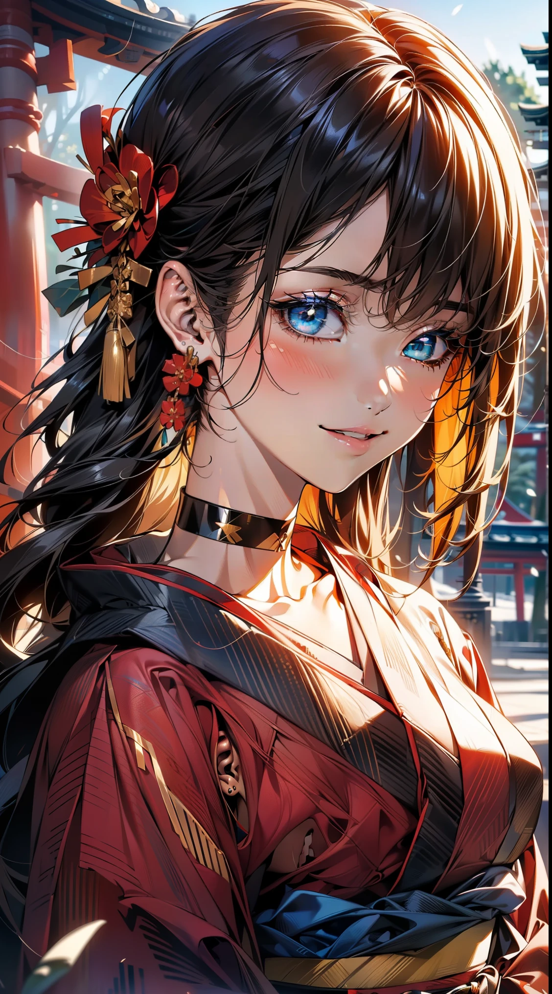 ((Light brown long hair:1.9, wavy hair:1.6, asymmetrical hair:1.8, half up hair)), (shining blue eyes:1.4)beautiful, beautiful woman, perfect anatomy, perfect body, perfect breasts, ((kimono:1.8, choker:1.6)), ((Japan gardens in winter:1.98, torii)), captivating gaze, slight smile, realism, masterpiece, rough skin , Super detailed, high detail, high quality, 最high quality, 1080p, 16k