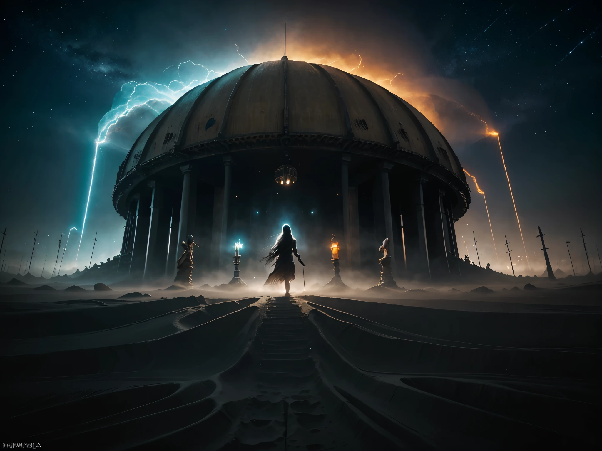 wind chimes, tones of wind, chimes ringing in eternity, dark foreboding planet of sand and ash, hums and chimes with long lost civilizations ghosts, hollows wind, hollow, hallowed, strike the bell, peal the rhyme let lose the thunder on high, crack lightnings whip,digital artwork by Beksinski, traveler through refined beauty and color variation, a peek into the eternal,