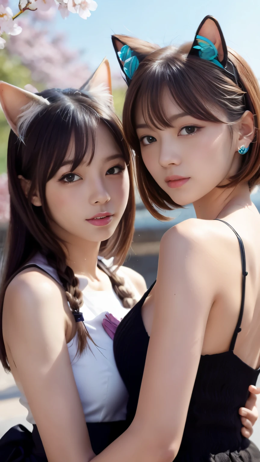 masterpiece, 4k, Bokeh, beautiful face, (multiple girls:1.4), Harem, group photo, (Cat ears:1.3), medium bob hair, Pink , looking at the viewer, cherry blossoms, Upper body shot, 