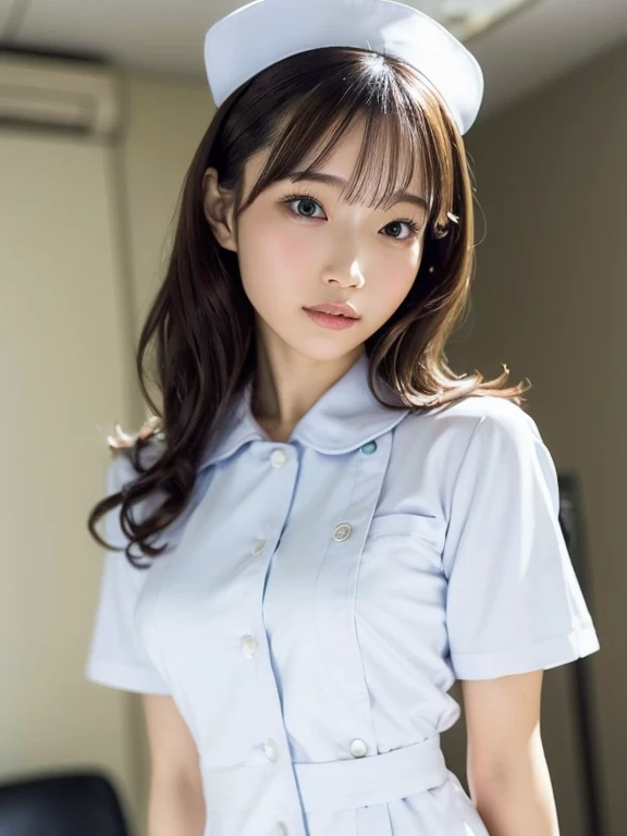 1 girl,(Wearing white nurse clothes:1.2),(Raw photo, highest quality), (realistic, photo-realistic:1.4), masterpiece, very delicate and beautiful, very detailed, 2k wallpaper, wonderful, finely, very detailed CG unity 8k wallpaper, Super detailed, High resolution, soft light, beautiful detailed girl, very detailed eyes and face, beautifully detailed nose, finely beautiful eyes, nurse, perfect anatomy, black hair, up style, nurse uniform, ((nurse cap)), long skirt, nurse, white costume, thin, hospital, clear, White uniform, hospital room, Neck auscultation,