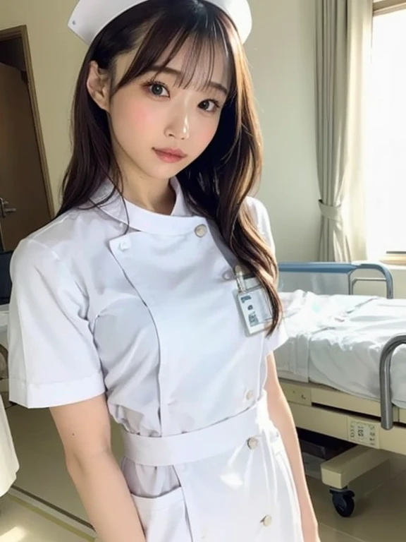 1 girl,(Wearing white nurse clothes:1.2),(Raw photo, highest quality), (realistic, photo-realistic:1.4), masterpiece, very delicate and beautiful, very detailed, 2k wallpaper, wonderful, finely, very detailed CG unity 8k wallpaper, Super detailed, High resolution, soft light, beautiful detailed girl, very detailed eyes and face, beautifully detailed nose, finely beautiful eyes, nurse, perfect anatomy, black hair, up style, nurse uniform, ((nurse cap)), long skirt, nurse, white costume, thin, hospital, clear, White uniform, hospital room, Neck auscultation,