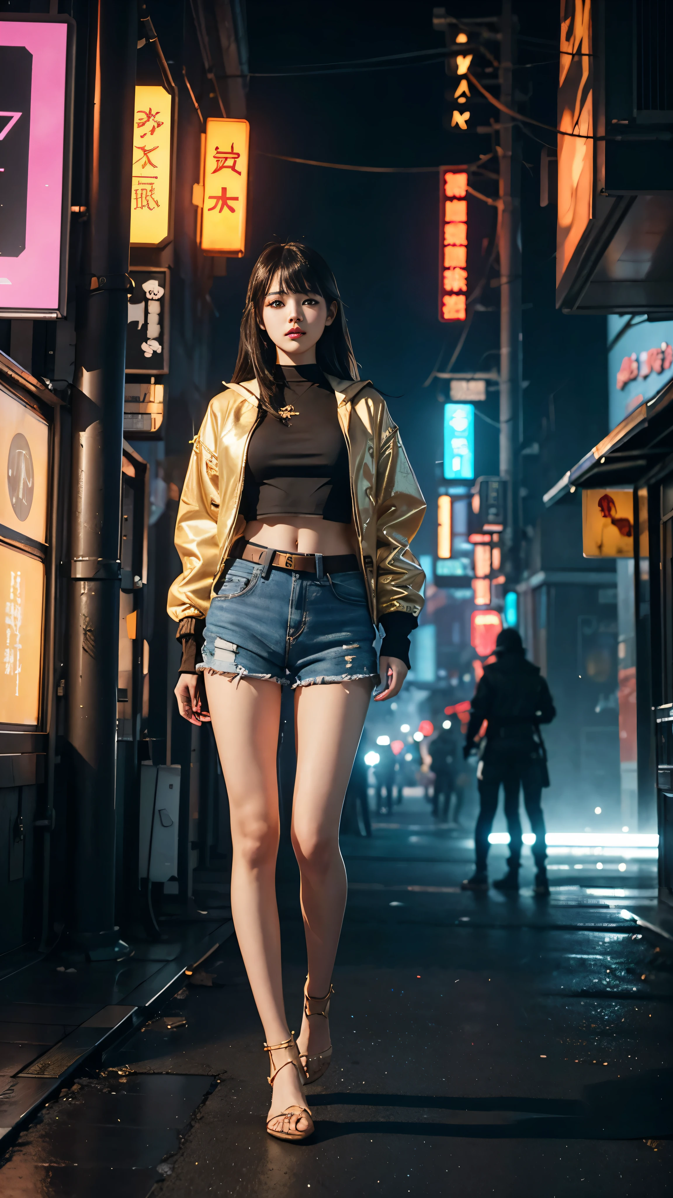 Boutique,best quality,Gold jewelry,(slip out feet),Fairy skin,(Fidelity :1.2),Standing,Super Detailed,realistic,High quality,Movie Light,Ray tracking,Ultra HD,Upper body, Girl in shorts and jacket standing next to giant robot, Guweiz style artwork, CyberPunk mech, Trends on CGSTATION, Guweiz, Russell Dongjun Lu, digital cyberpunk anime art, Ross Tran 8 K, Guweiz on ArtStation Pixiv, Girl in mecha network armor
