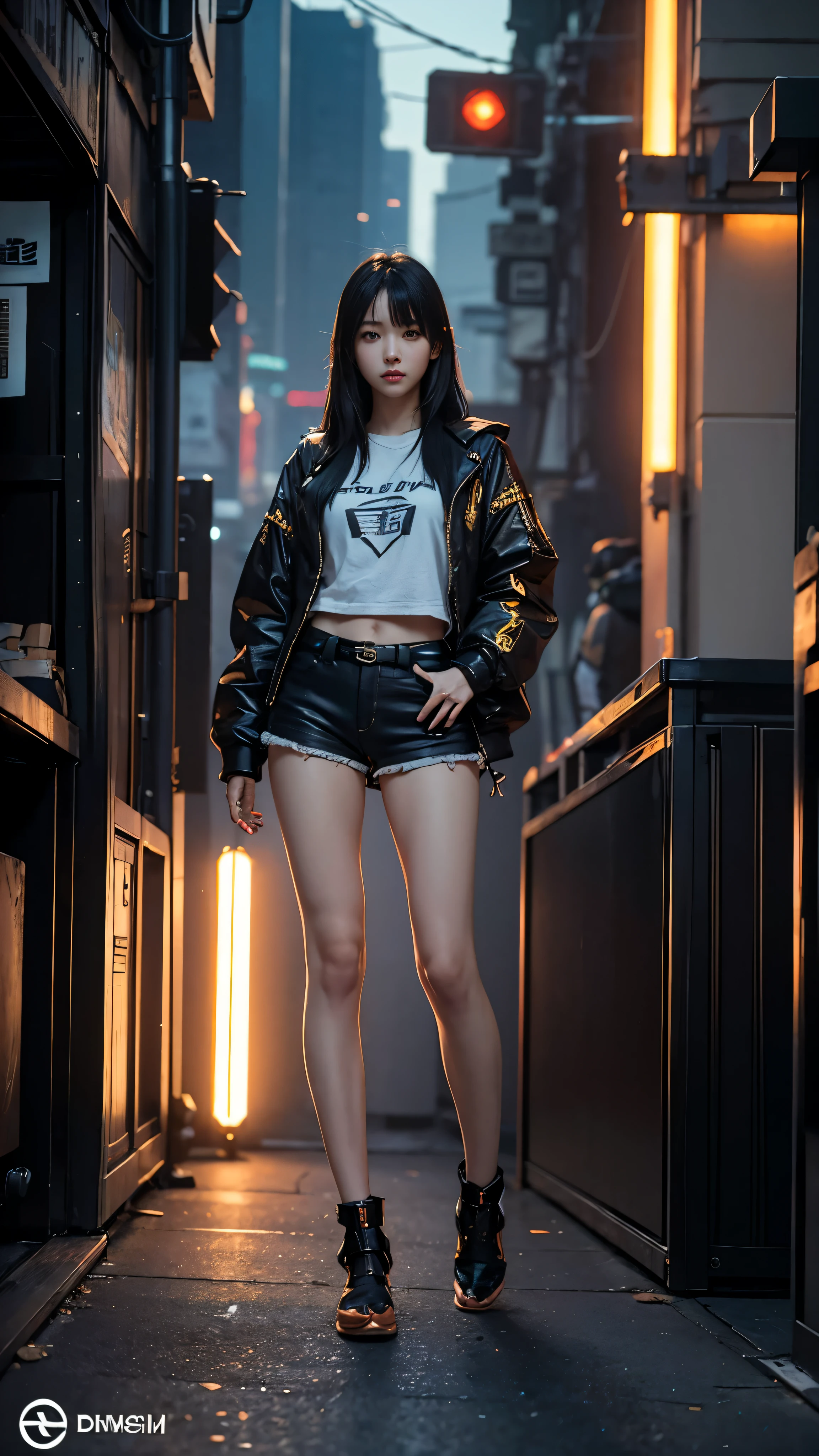 Boutique,best quality,Gold jewelry,(slip out feet),Fairy skin,(Fidelity :1.2),Standing,Super Detailed,realistic,High quality,Movie Light,Ray tracking,Ultra HD,Upper body, Girl in shorts and jacket standing next to giant robot, Guweiz style artwork, CyberPunk mech, Trends on CGSTATION, Guweiz, Russell Dongjun Lu, digital cyberpunk anime art, Ross Tran 8 K, Guweiz on ArtStation Pixiv, Girl in mecha network armor