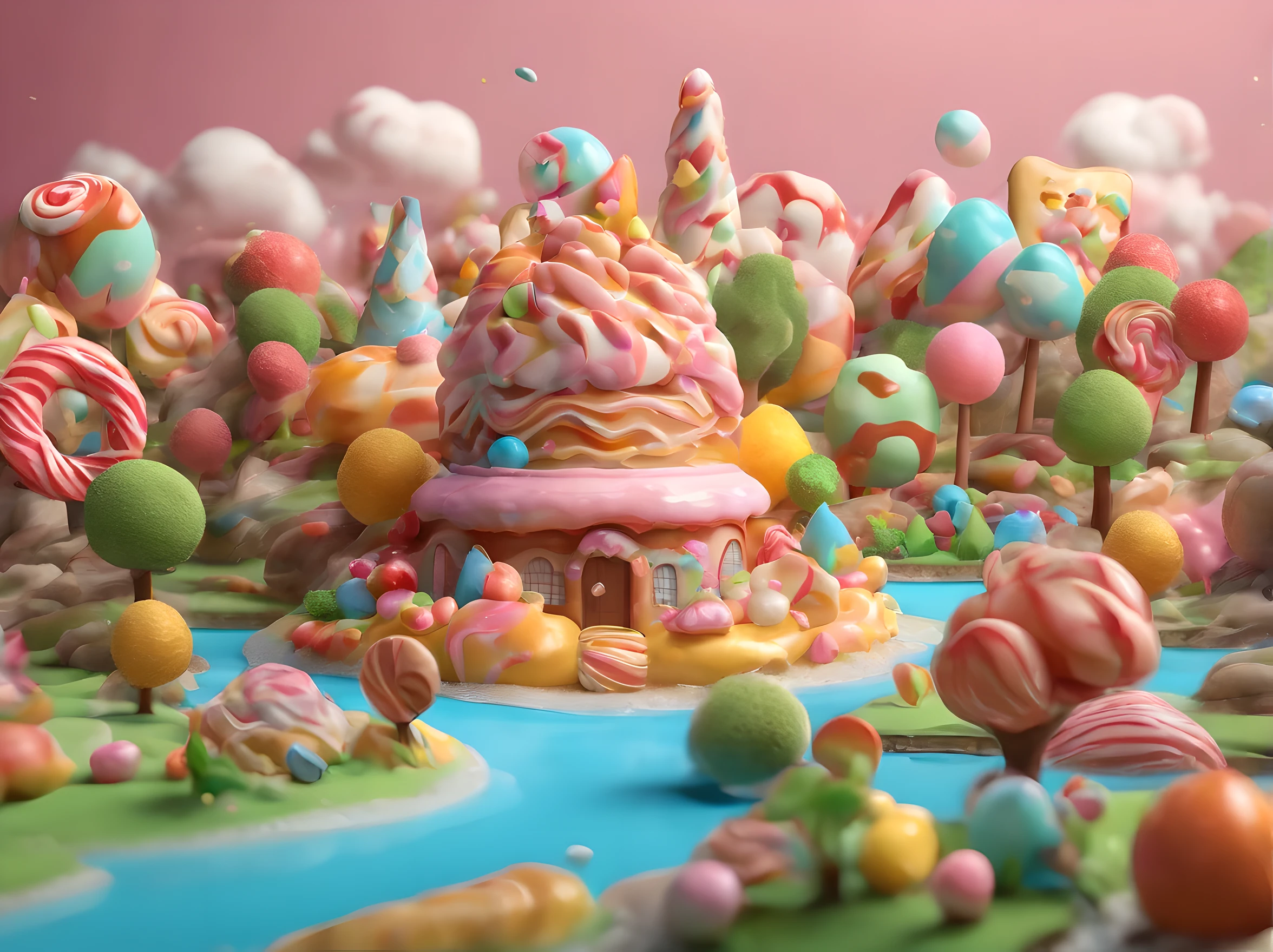 best quality, 8k, high resolution, ultra-detailed, extremely detailed, top quality, realistic, Candy land, sweet chocolate river, cream cloud, cake house, gummy stone, pudding mountain, cookie tree