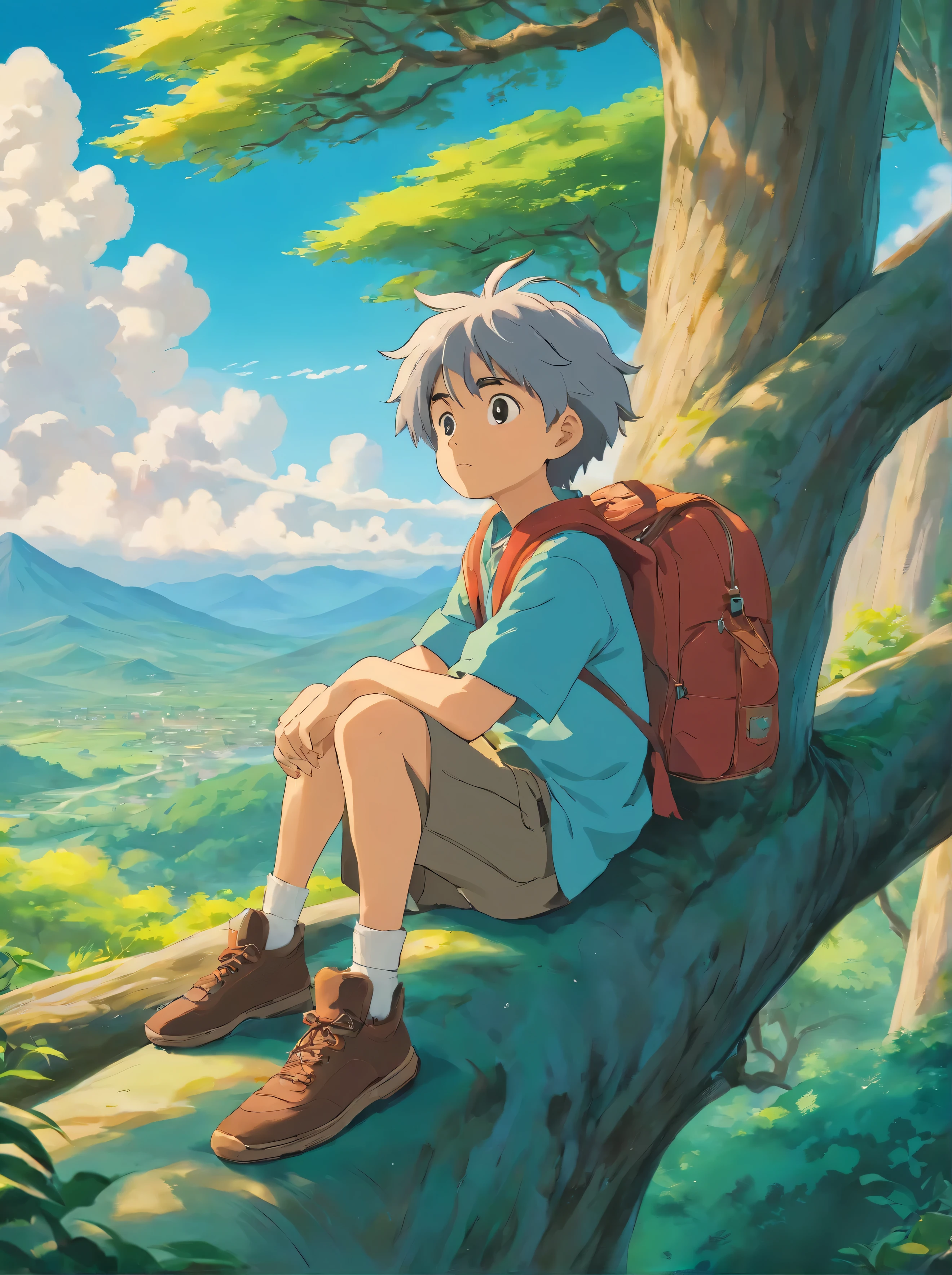 A captivating artwork merges anime aesthetics with serene natural landscapes to create a breathtaking scene. A young boy with spiky hair and a casual outfit is resting against a large, ancient tree. His eyes are filled with wonder as he gazes upon the majestic mountains in the distance. The sky overhead is adorned with fluffy clouds that appear ethereal and dreamlike. The colors are vibrant, with a harmonious blend of cool and warm tones, creating a sense of tranquility and awe-inspiring beauty.