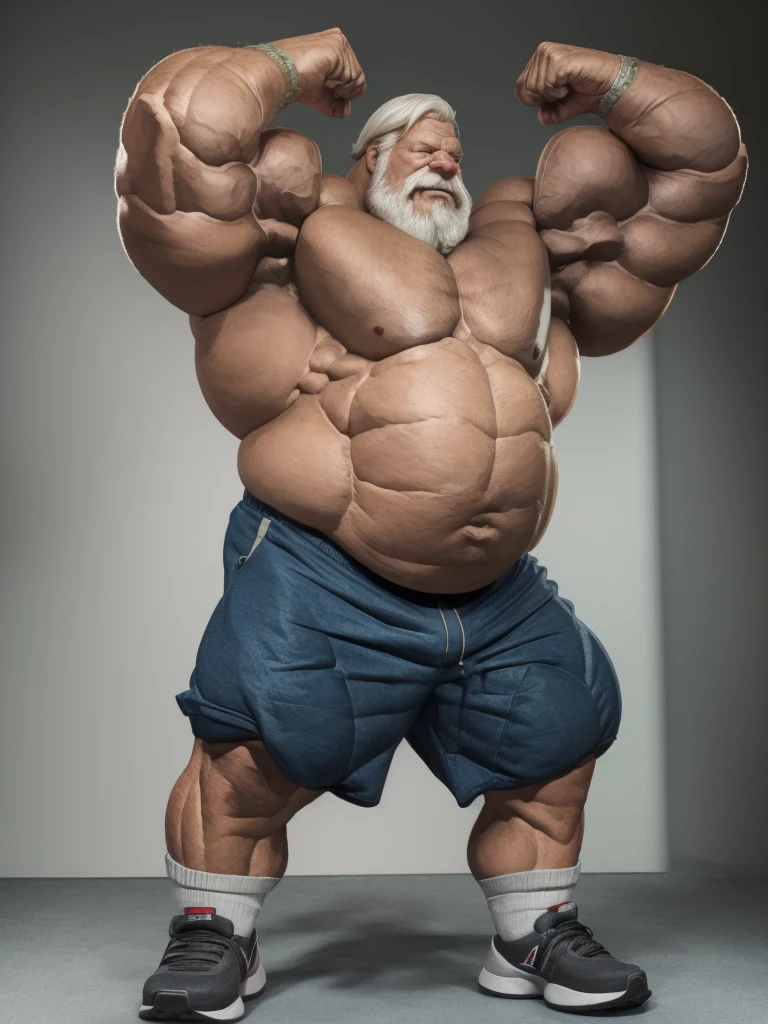 (best quality,4k,8k,highres,masterpiece:1.2),ultra-detailed,(realistic,photorealistic,photo-realistic:1.37),((massive muscular)) ((huge Muscular)) chubby old man standing in photo studio, simple background, flexing pectoral muscle, shorts and shoes, white hair, super thick arms, super big pectoral, super wide pectoral, topless, shirtless