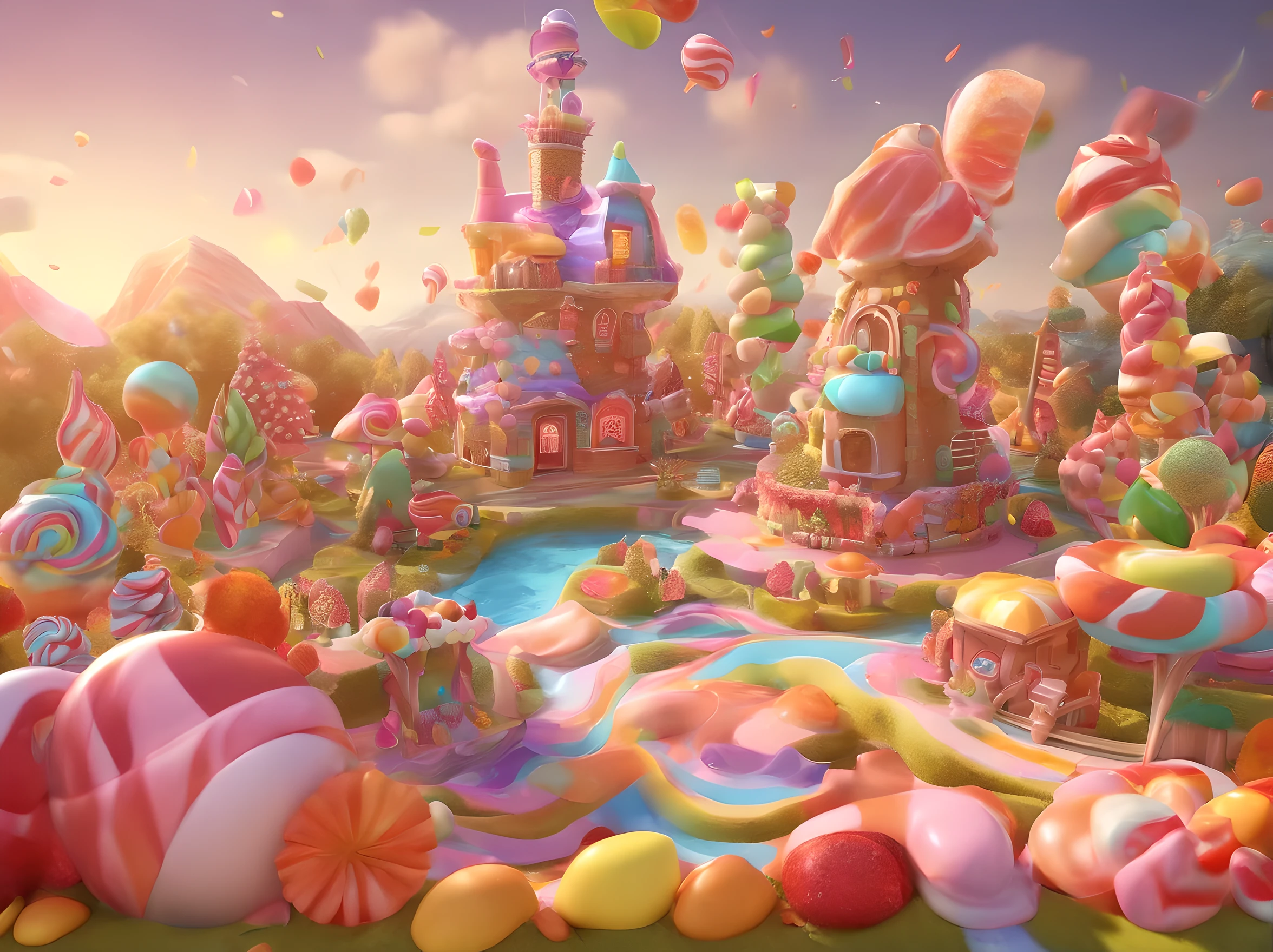 Candy land, chocolate river, cream cloud, cake house, gummy stone, pudding mountain, cookie tree