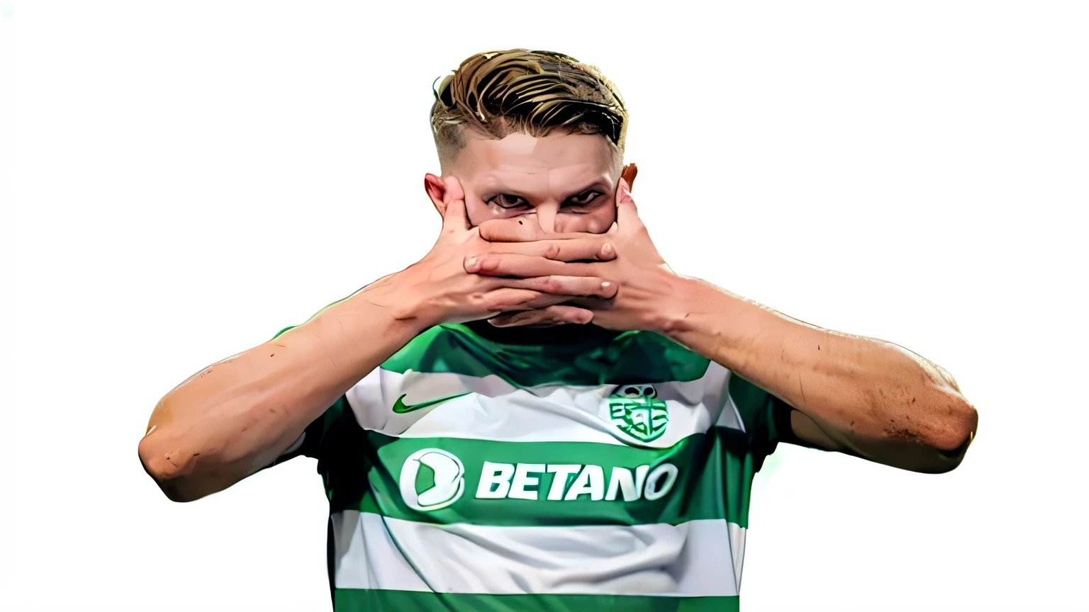 a closeup of a man making a face with his hands, jogador de futebol Matthijs De Lig, and white and green striped t-shirt