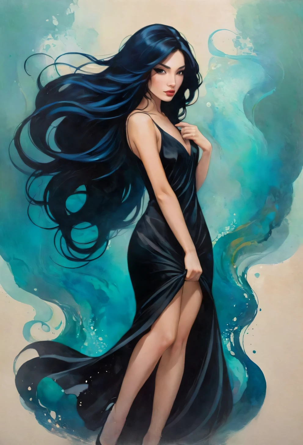 a painting of a woman with long black hair and a black dress, girl with black hair, style of charlie bowater, jen bartel, in style of charlie bowater, woman with black hair, in style of anna dittmann, charlie bowater rich deep colors, inspired by Jeremiah Ketner, inspired by Harumi Hironaka