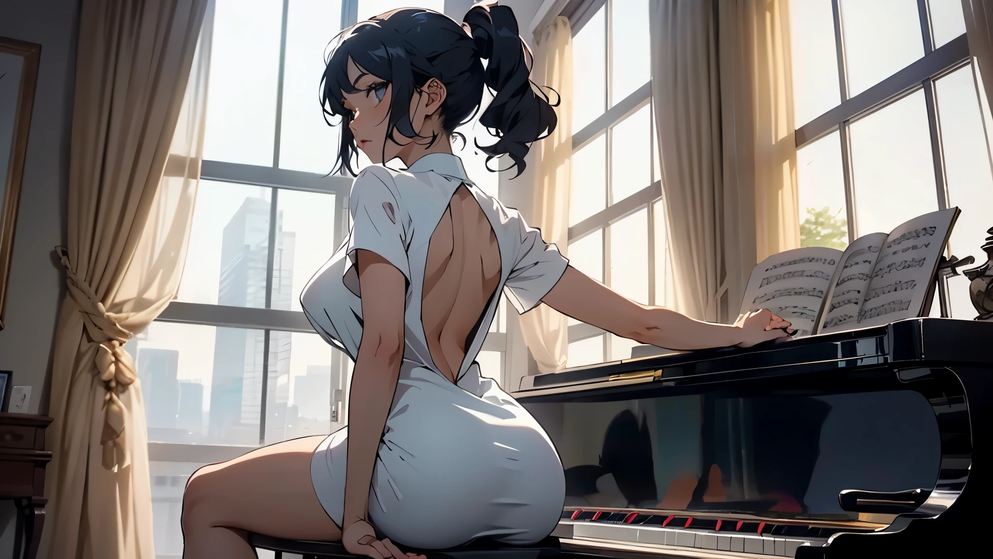 Brunette woman from behind, a Piano, Epic Clouds