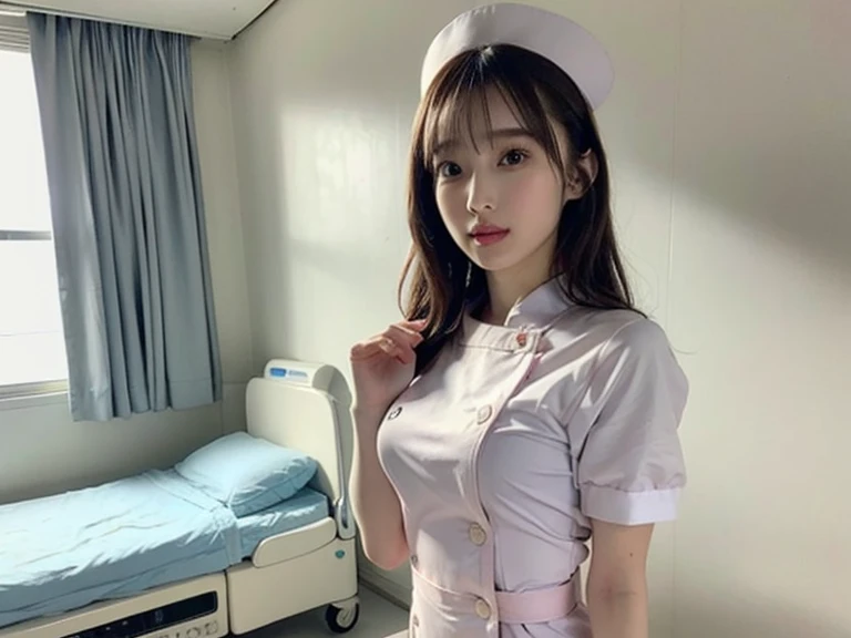 1 girl,(Wearing white nurse clothes:1.2),(Raw photo, highest quality), (realistic, photo-realistic:1.4), masterpiece, very delicate and beautiful, very detailed, 2k wallpaper, wonderful, finely, very detailed CG unity 8k wallpaper, Super detailed, High resolution, soft light, beautiful detailed girl, very detailed eyes and face, beautifully detailed nose, finely beautiful eyes, nurse, perfect anatomy, black hair, up style, nurse uniform, ((nurse cap)), long skirt, nurse, white costume, thin, hospital, clear, White uniform, hospital room, Neck auscultation,