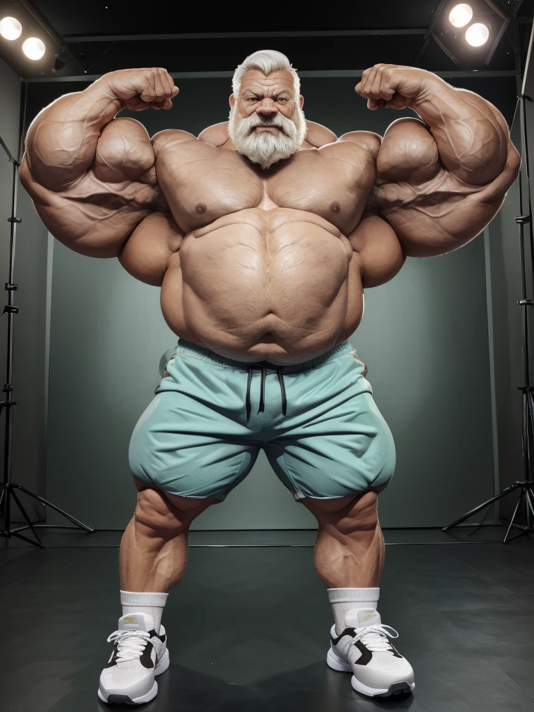 vector, mwvector, (best quality,4k,8k,highres,masterpiece:1.2),ultra-detailed,(realistic,photorealistic,photo-realistic:1.37),((massive muscular)) ((huge Muscular)) chubby old man standing in photo studio, simple background, flexing muscle, shorts and shoes, white hair, super thick arms, super big pectoral, super wide pectoral, topless, shirtless