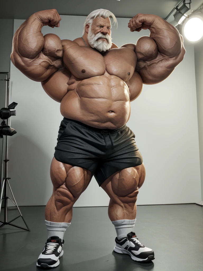 vector, mwvector, (best quality,4k,8k,highres,masterpiece:1.2),ultra-detailed,(realistic,photorealistic,photo-realistic:1.37),((massive muscular)) ((huge Muscular)) chubby old man standing in photo studio, simple background, flexing muscle, shorts and shoes, white hair, super thick arms, super big pectoral, super wide pectoral, topless, shirtless