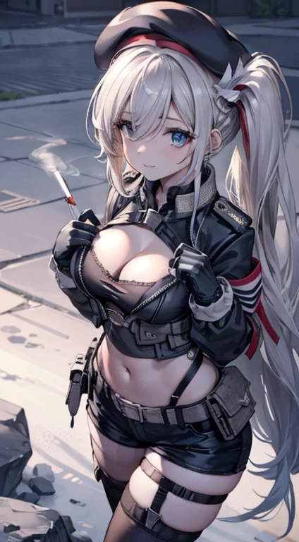 19 years old, (milf:0.8), (solo:1.5), (sfw:1.25), sexy breast, beautiful breasts, (medium tits:0.8), thin waist, big ass:1.0, Raised sexy, (black beret,black military jacket, open clothes, cleavage, midriff, black shorts, black thighhighs, thigh strap, fingerless gloves, single glove:1.2), blue eyes, light smile, big , Revimpling fabric, earrings, Hand gloves, detailed face,(hold a cigarette:1.1),long hair,side ponytail,hair between eyes,bangs,detailed and beautiful eyes,beautiful detailed lips,Rolling her eyes,manner,hair over one eye, (ultra high resolution, 8K RAW photo, photo realistics, thin outline:1.3, clear focus), best qualtiy, natural lighting, textile shading, field depth, (Bright pupils, fine detailed beautiful eyes with highlight:1.3, high detailed face), Red lip, fine realistic skins:1.1, looking down viewers:1.3, (dynamic angle:1.3, front view:1.1, breast focus:1.3, from above:1.2), (dynamic posing:1.5, sexy posing:1.2),Youghal, side lock, hair ornaments,nice,garden background,artistic rendering,Super detailed,(highest quality,4k,8K,High resolution,masterpiece:1.2),Bright colors,studio lighting ,at military base in usa