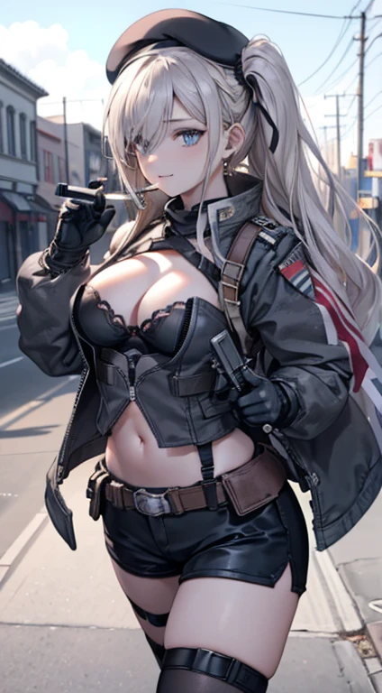 19 years old, (milf:0.8), (solo:1.5), (sfw:1.25), sexy breast, beautiful breasts, (medium tits:0.8), thin waist, big ass:1.0, Raised sexy, (black beret,black military jacket, open clothes, cleavage, midriff, black shorts, black thighhighs, thigh strap, fingerless gloves, single glove:1.2), blue eyes, light smile, big , Revimpling fabric, earrings, Hand gloves, detailed face,(hold a cigarette:1.1),long hair,side ponytail,hair between eyes,bangs,detailed and beautiful eyes,beautiful detailed lips,Rolling her eyes,manner,hair over one eye, (ultra high resolution, 8K RAW photo, photo realistics, thin outline:1.3, clear focus), best qualtiy, natural lighting, textile shading, field depth, (Bright pupils, fine detailed beautiful eyes with highlight:1.3, high detailed face), Red lip, fine realistic skins:1.1, looking down viewers:1.3, (dynamic angle:1.3, front view:1.1, breast focus:1.3, from above:1.2), (dynamic posing:1.5, sexy posing:1.2),Youghal, side lock, hair ornaments,nice,garden background,artistic rendering,Super detailed,(highest quality,4k,8K,High resolution,masterpiece:1.2),Bright colors,studio lighting ,at military base in usa