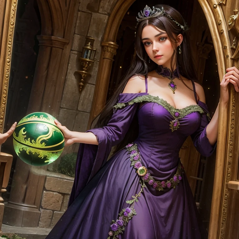 (masterpiece, best quality:1.5), highest quality, High resolution, super detailed, Realists, Upper body photo of a brunette sorceress, detailed and beautiful eyes, beautiful detailed lips, very detailed eyes and face, longeyelashes, shiny satin dress, Holding a magic wand in your hand and performing eine Transformation spell, Magic wands present and shiny, Beautiful and colorful makeup, elegant and noble々The jewelry bag, Gardens as background, soft daylight, bright colors, fine brushstrokes, Portrait style, Silk dress fabric, beautiful color palette, glowing skin, First-class rendering, that captures every detail, enchanting atmosphere, subtle shadows and lights, (perfect anatomy:1.2), (The stunning sorceress transforms a man into a woman (eine Transformation):1.4), (magnificent panorama view:1.2)