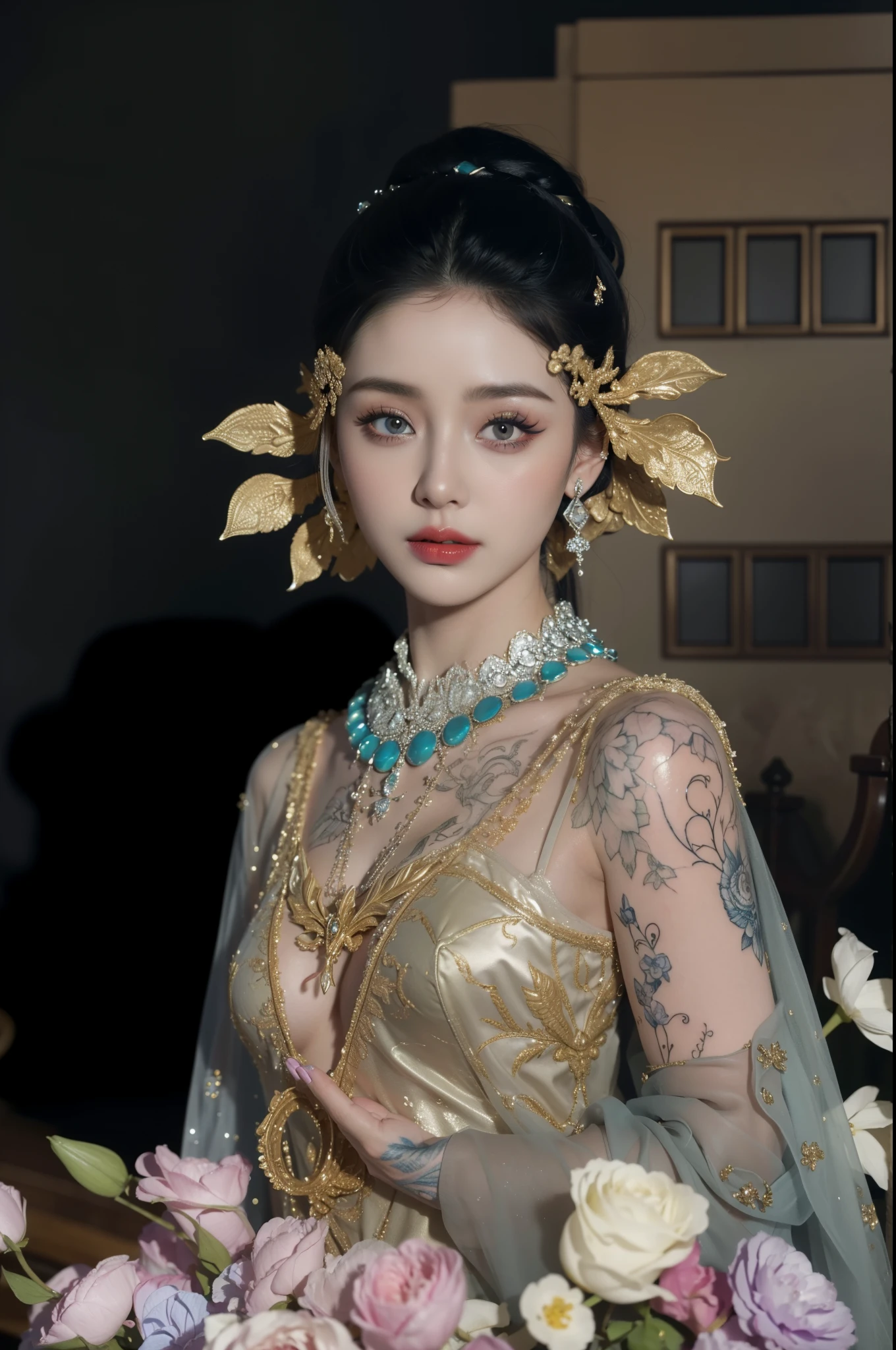 Royal sister,super detailed, Detailed face, movie stock photography , Portrait 400, F1 camera lens.6, colorful, surreal, Realistic texture, dramatic lighting, film alembic 800 (8K, original photo, better quality, masterpiece: 1.2), super detailed, (highly refined skin: 1.2), 8K Ultra HD, SLR camera, soft light, high quality.Frozen queen,Succubus,fallen angel,blue pupils,Apply red lipstick,Have tattoos,The tattoo is very three-dimensional,Gorgeous and intricate tattoo designs,Fan Bingbing's face