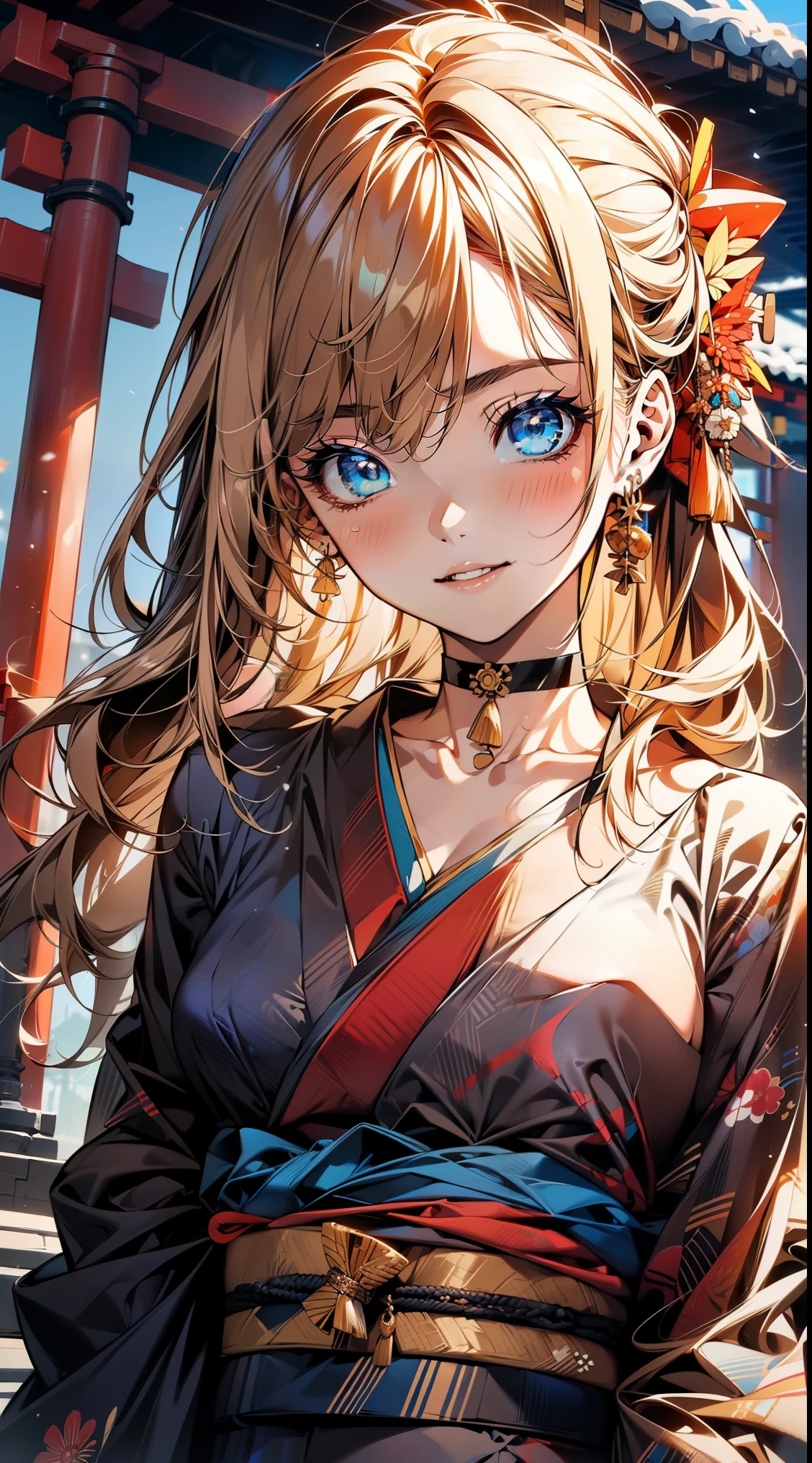 ((Light brown long hair:1.9, wavy hair:1.6, asymmetrical hair:1.8, half up hair)), (shining blue eyes:1.4)beautiful, beautiful woman, perfect anatomy, perfect body, perfect breasts, ((kimono:1.8, choker:1.6)), ((Japan gardens in winter:1.98, torii)), captivating gaze, slight smile, realism, masterpiece, rough skin , Super detailed, high detail, high quality, 最high quality, 1080p, 16k