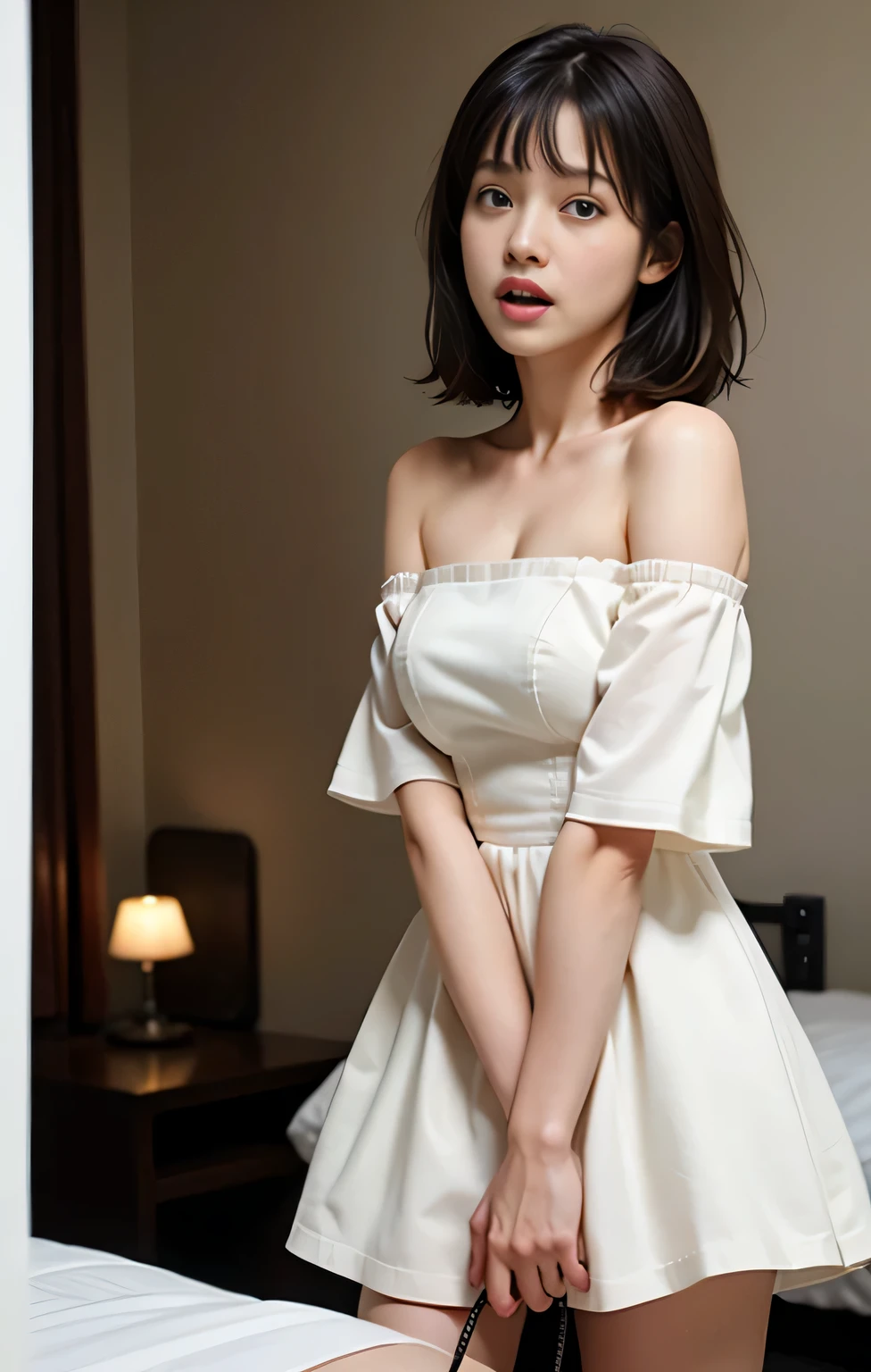 (((8k,high-dedail,Attention to detail,Whole Body Ezbian,solo))),RAW Photos & Realistic atmosphere,最high quality, high-quaiity,(Correct Anatomy),Accurate human body, ,Glossy Lips,Fine eyebrows,With soft white skin that shines in every detail、Detailed eyes,Beautiful Eyes,Detailed lips,Very beautiful face,Very well-formed face,A vivid face,Beautiful, shining lips,Photorealistic,Cute face,(Well-proportioned face:1.5),High resolution,Super detailed,Fine details,Very detailed,very realistic eyes and face,(Real People),Sharp Focus,natural light,,high quality,((Japanese))、Idol-like and cute,Black Hair,(wedding dress),white off-the-shoulder wedding dress,sheer dress,(bottomless:1.5),(pussy:1.6),Naked under the dress,(spread legs wide:1.9),church,(15years old),15 years old,(girl),short cut,Short Hair,Sitting with thighs spread apart,Legs spread wide from side to side,(Looking at the camera),small hip,Narrow waist, full body、Mini Dress,no panties,hands up in the air