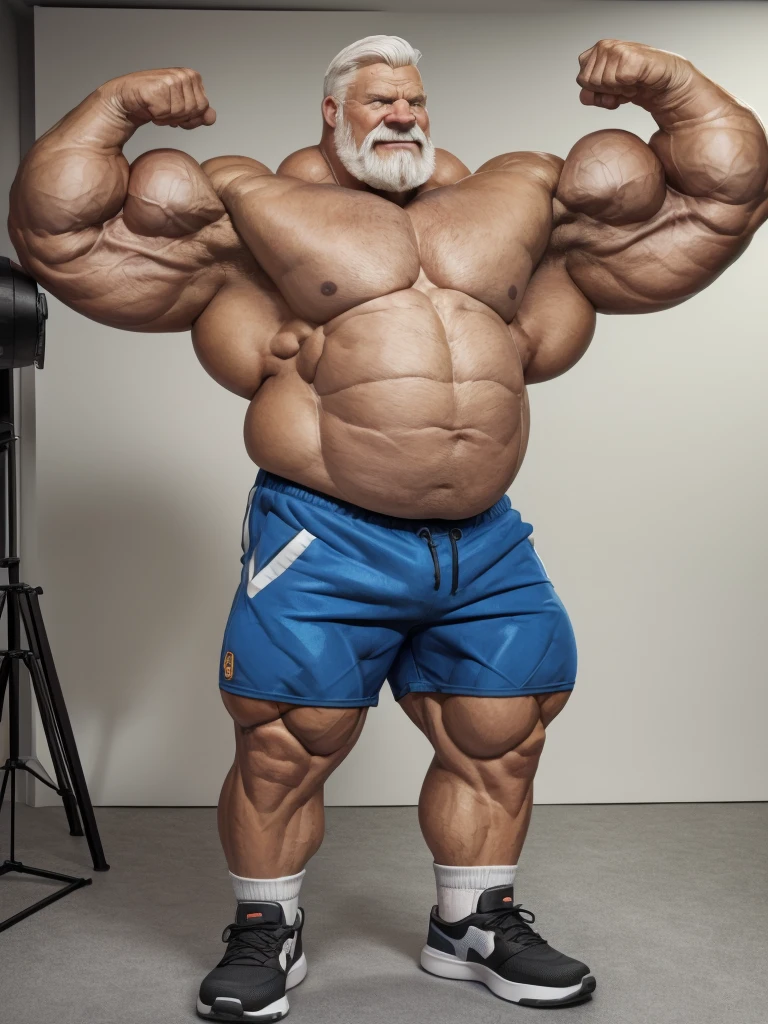 vector, mwvector, (best quality,4k,8k,highres,masterpiece:1.2),ultra-detailed,(realistic,photorealistic,photo-realistic:1.37),((massive muscular)) ((huge Muscular)) chubby old man standing in photo studio, simple background, flexing muscle, shorts and shoes, white hair, super thick arms, super big pectoral, super wide pectoral, topless, shirtless