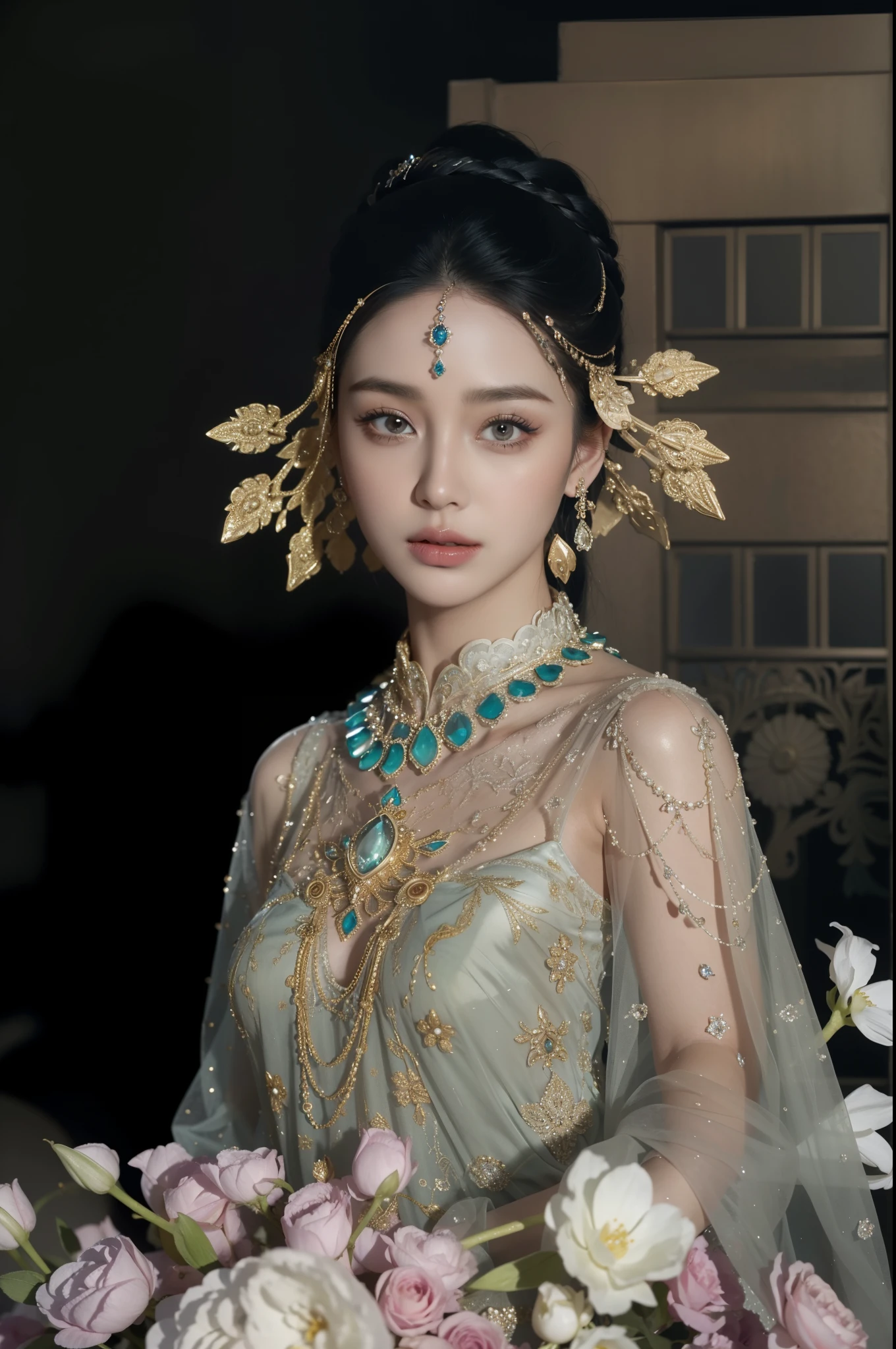 Royal sister，exquisite eyes，Frozen queen，put the crown on your head，Detailed facial expressions body，tall figure，Gorgeous，Leg length，4K，HD，Sensual，translucent lace，白皙plump figure，pretty face，Little cherry mouth，beautiful and delicious（3D royal sister），plump figure，gloss gel coat，Queen in luxurious dress，Crystal Gem Crown，Necklace jewelry，black tattoo(whole body)，The tattoo is very three-dimensional，Gorgeous and intricate tattoo designs，tattoo queen，8k超HD，Ultra-clear portrait，Like Fan Bingbing&#39;s face
