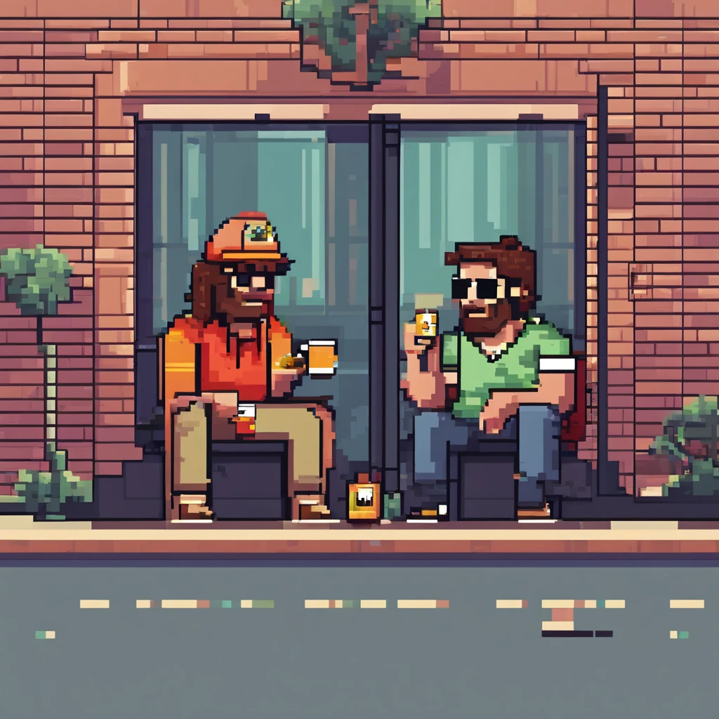 two guys sitting on the sidewalk smoking a marijuana joint and a beer