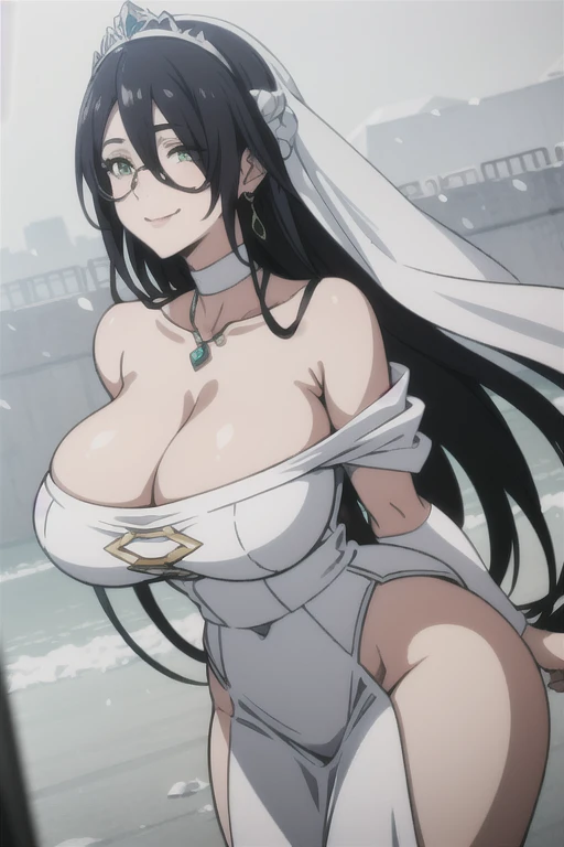 mature women,milf,large breast,beautiful face,long hair, shiny hair, green eyes,high detailed,black hair, hair over one eye,masterpiece,perfect anatomy,cleveage,glasses,dynamic pose,hair ornament,cowboy shot,smile,Off-the-shoulder white wedding dress, Snow White Veil, choker, silver tiara, necklace, earrings