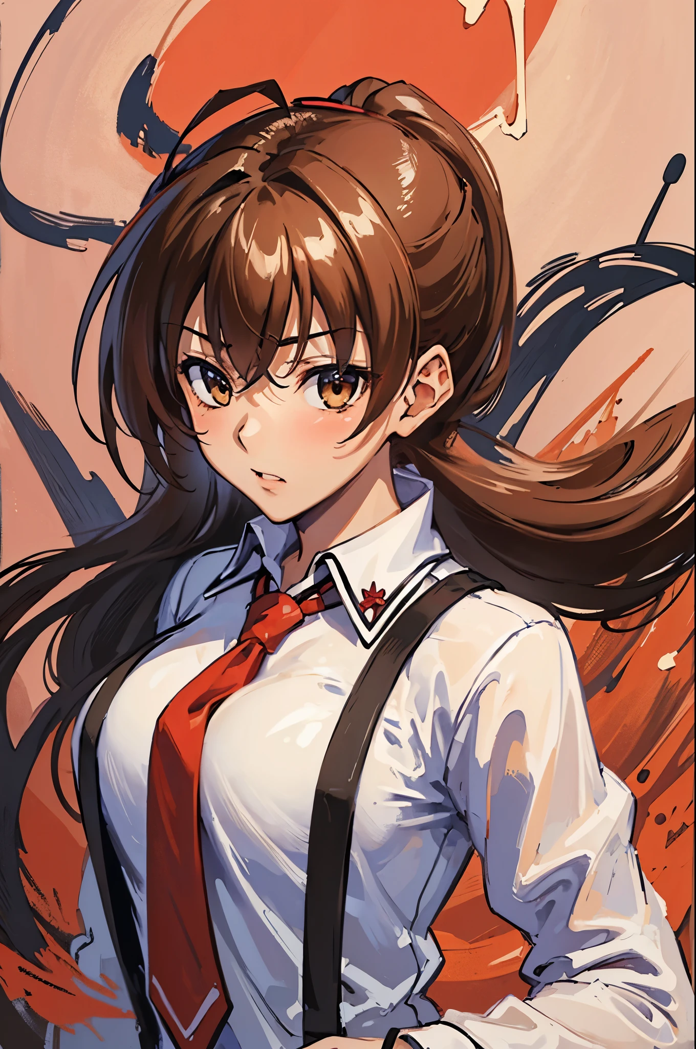 (masterpiece, best quality:1.2), expressive eyes, perfect face, highres, 1girl, solo, (female:1.5), issei_hyoudou, long hair, long sleeves, jacket, necktie, red necktie, shirt, pants, blushing, standing, portrait, looking at viewer,
