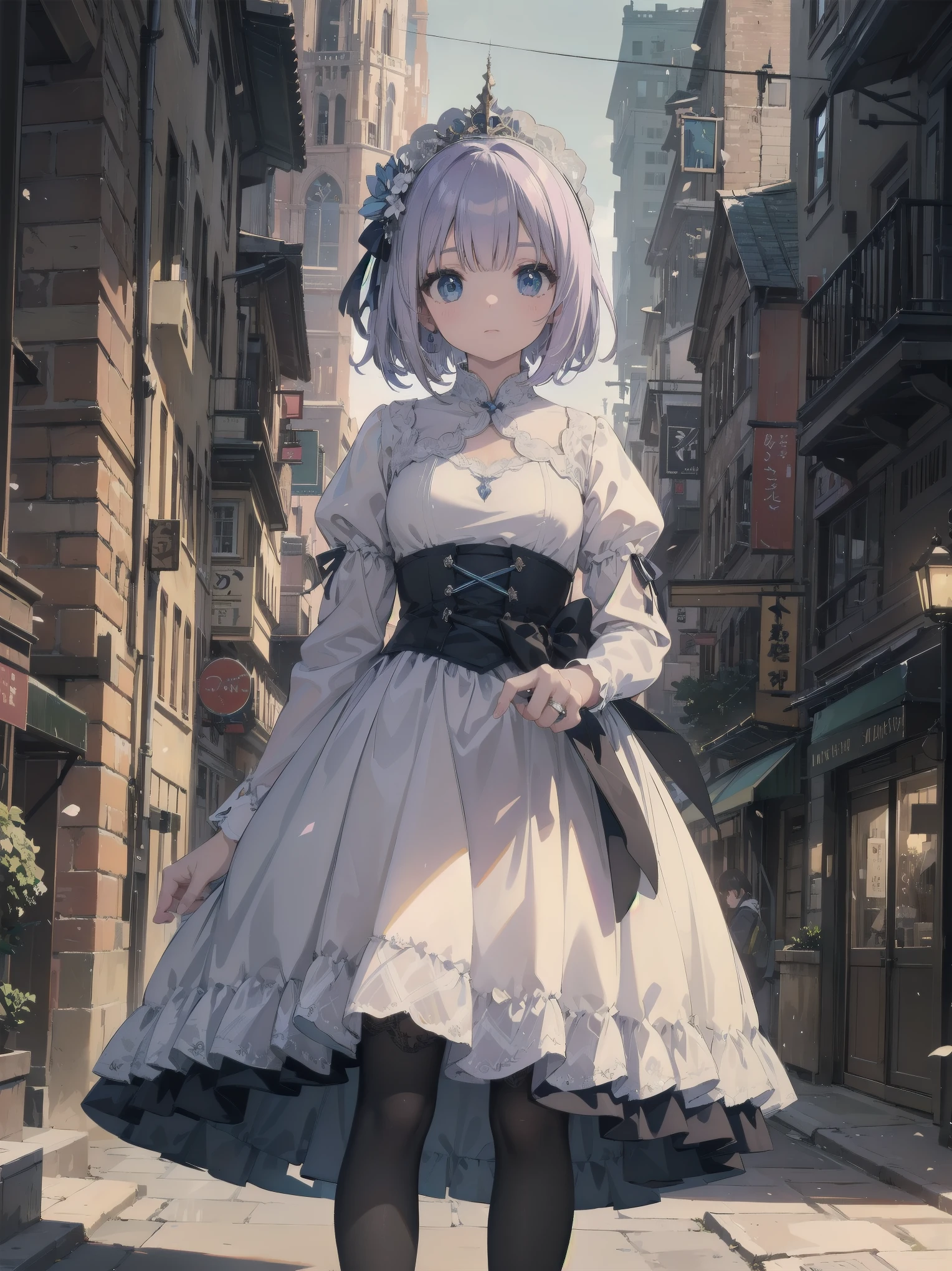 bride: wedding ring shining on ring finger Fusion of medieval European fashion Emphasis on elements of cuteness and adoration Posed illustration of the overwhelming cuteness of the character in the foreground Overwhelming architectural and cityscape background Ultra-detailed, rich, contemporary interpretation of medieval Europe and fantasy world Realistic textures, Professional artistic shading and light sources, scene-like cinematography and effects, depth of subject One beautiful girl, super cute, bob cut, side ponytail, perfect anatomy
Colours: pastel, white, pale purple, blue, gingham check
Materials: chiffon, lace, satin, velvet, etc. Silhouette: fluffy skirt, A-line, long length
Decoration: frills, ribbons, lace, pearls, embroidery etc. Coordinates Romantic princess: pastel dress, lace blouse, fluffy skirt, ribbon hair accessory, black tights Add accessories and accessories to personalise.