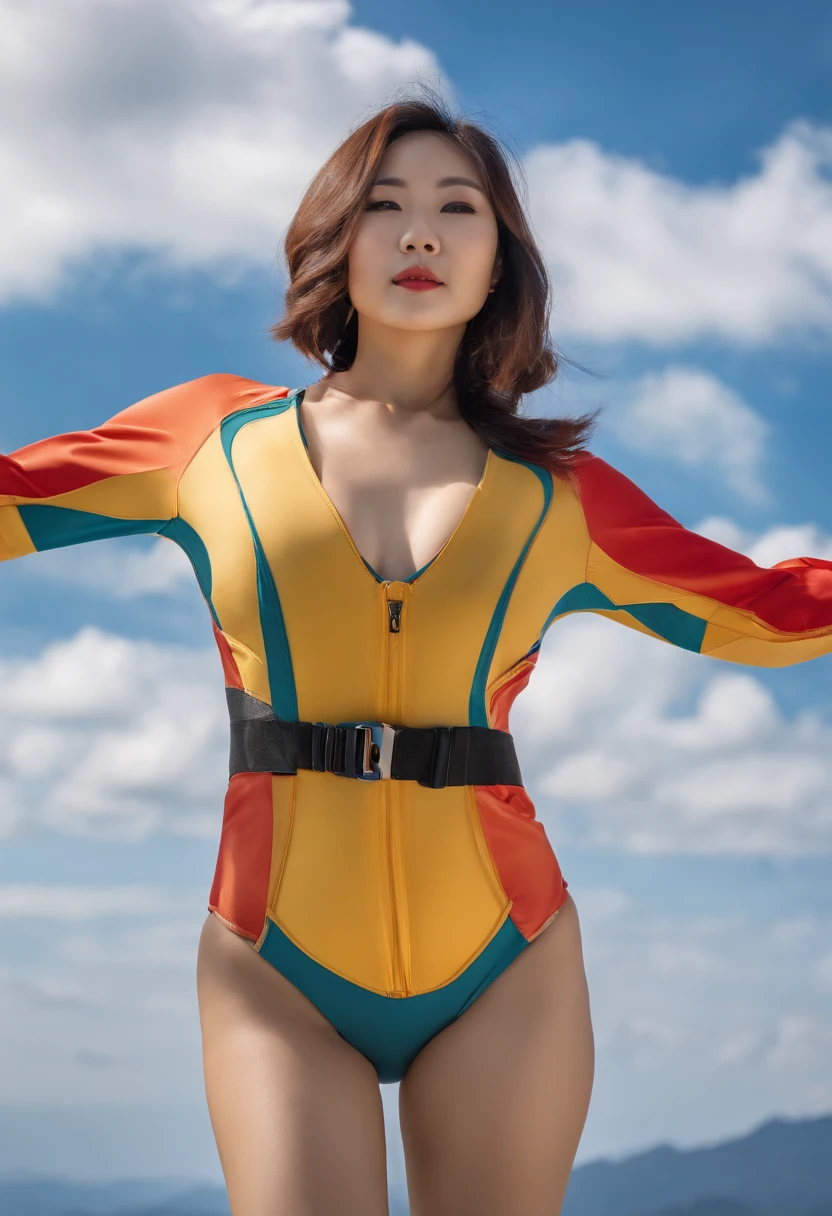 In the middle of skydiving at 4000 meters、The surroundings are clear blue sky and clouds、She is a beautiful Japanese woman with medium-long bob hair and is very cute, and is having fun and spreading her arms and legs.、Sensual style、She is wearing a very sexy micro bikini swimsuit.、She is looking at the camera、The camera follows her from above.、not wearing glasses！
