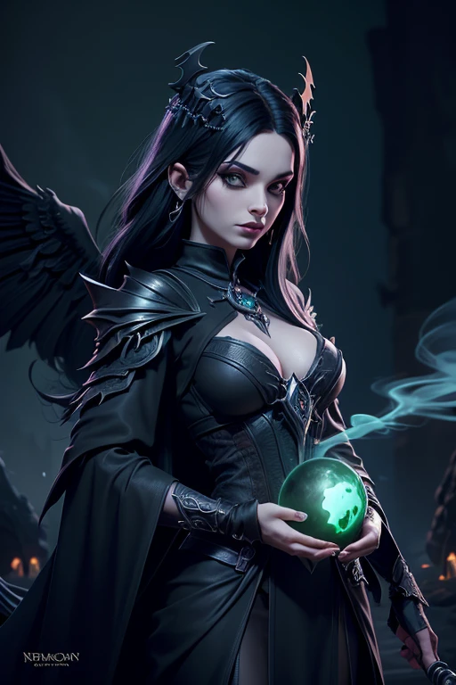 a woman in a black outfit holding a green orb of smoke, necromancer sorceress, beautiful necromancer, diablo 4 lilith, female necromancer, dark fantasy style art, portrait of a female necromancer, diablo 4 queen, dark fantasy character design, diablo digital concept art, dark witch character, detailed digital 2d fantasy art,, night, moonlight, particles, green smoke, chromatic aberration, left hand on hips, bone scythe, ravens in bacground, 8K image quality, Masterpiece