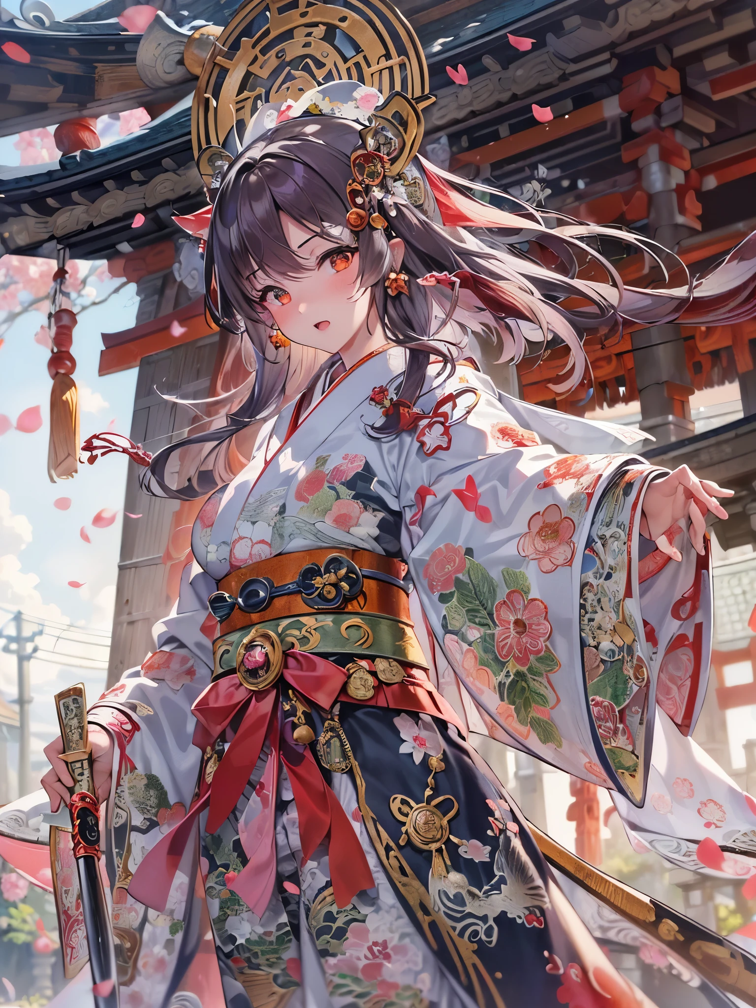 A woman in a kimono outfit holding a sword and a fan - SeaArt AI