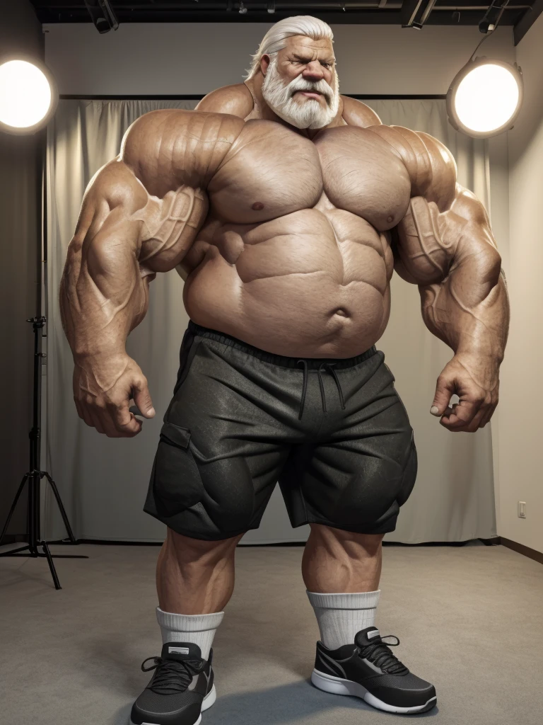 vector, mwvector, (best quality,4k,8k,highres,masterpiece:1.2),ultra-detailed,(realistic,photorealistic,photo-realistic:1.37),((massive muscular)) ((huge Muscular)) chubby old man standing in photo studio , shorts and shoes, white hair, super thick arms, super big pectoral, super wide pectoral, topless, shirtless