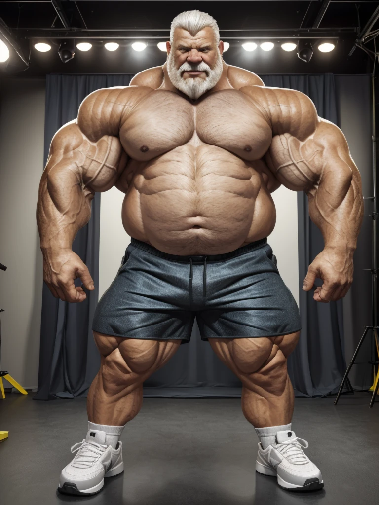 vector, mwvector, (best quality,4k,8k,highres,masterpiece:1.2),ultra-detailed,(realistic,photorealistic,photo-realistic:1.37),((massive muscular)) ((huge Muscular)) chubby old man standing in photo studio , shorts and shoes, white hair, super thick arms, super big pectoral, super wide pectoral, topless, shirtless