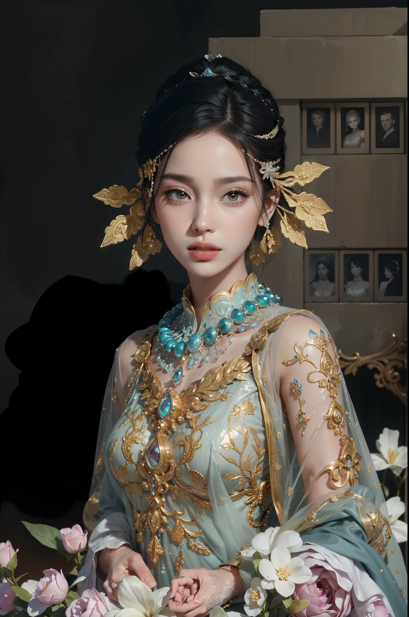 Royal sister，exquisite eyes，Frozen queen，put the crown on your head，Detailed facial expressions body，tall figure，Gorgeous，Leg length，4K，HD，Sensual，translucent lace，白皙plump figure，pretty face，Little cherry mouth，beautiful and delicious（3D royal sister），plump figure，gloss gel coat，Queen in luxurious dress，Crystal Gem Crown，Necklace jewelry，black tattoo(whole body)，The tattoo is very three-dimensional，Gorgeous and intricate tattoo designs，tattoo queen，8k超HD，Ultra-clear portrait，Like Fan Bingbing's face