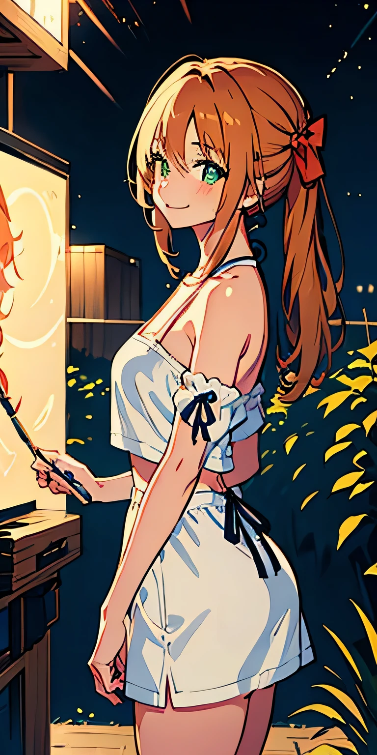 1girl, anime, night, saturated colors, your name, dark blue sky, starry sky, perfect female figure, Aerith Gainsborough, pink ribbon, green eyes, eye contact, looking over the shoulder, standing, profile, side view, both hands down, relaxed, happy, comfortable, light smile, big hair, shine, orange hair, (masterpiece), wallpaper