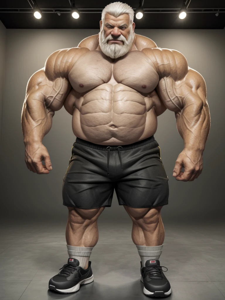 vector, mwvector, (best quality,4k,8k,highres,masterpiece:1.2),ultra-detailed,(realistic,photorealistic,photo-realistic:1.37),((massive muscular)) ((huge Muscular)) chubby old man standing in photo studio, simple background, , shorts and shoes, white hair, super thick arms, super big pectoral, super wide pectoral, ???????, shirtless