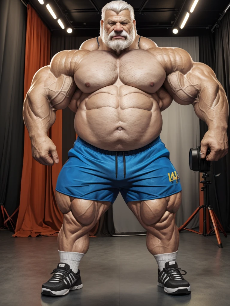 vector, mwvector, (best quality,4k,8k,highres,masterpiece:1.2),ultra-detailed,(realistic,photorealistic,photo-realistic:1.37),((massive muscular)) ((huge Muscular)) chubby old man standing in photo studio , shorts and shoes, white hair, super thick arms, super big pectoral, super wide pectoral, topless, shirtless