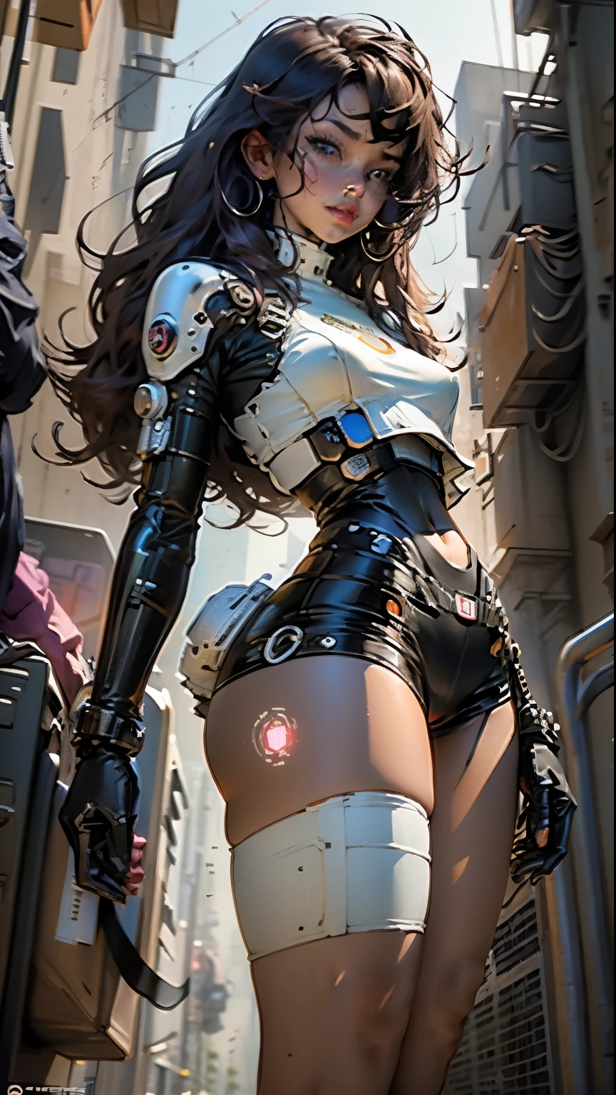 Woman body defined thick thighs cybernetic body parts, short underwear, open legs