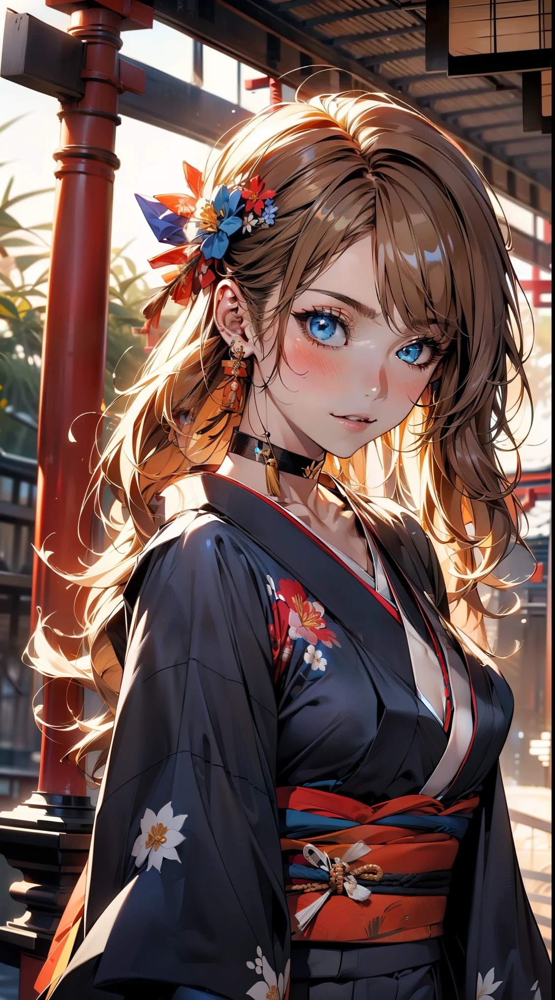 ((Light brown long hair:1.9, wavy hair:1.6, asymmetrical hair:1.8, half up hair)), (shining blue eyes:1.4)beautiful, beautiful woman, perfect anatomy, perfect body, perfect breasts, ((kimono:1.8, choker:1.6)), ((Japan gardens in winter:1.98, torii)), captivating gaze, slight smile, realism, masterpiece, rough skin , Super detailed, high detail, high quality, 最high quality, 1080p, 16k